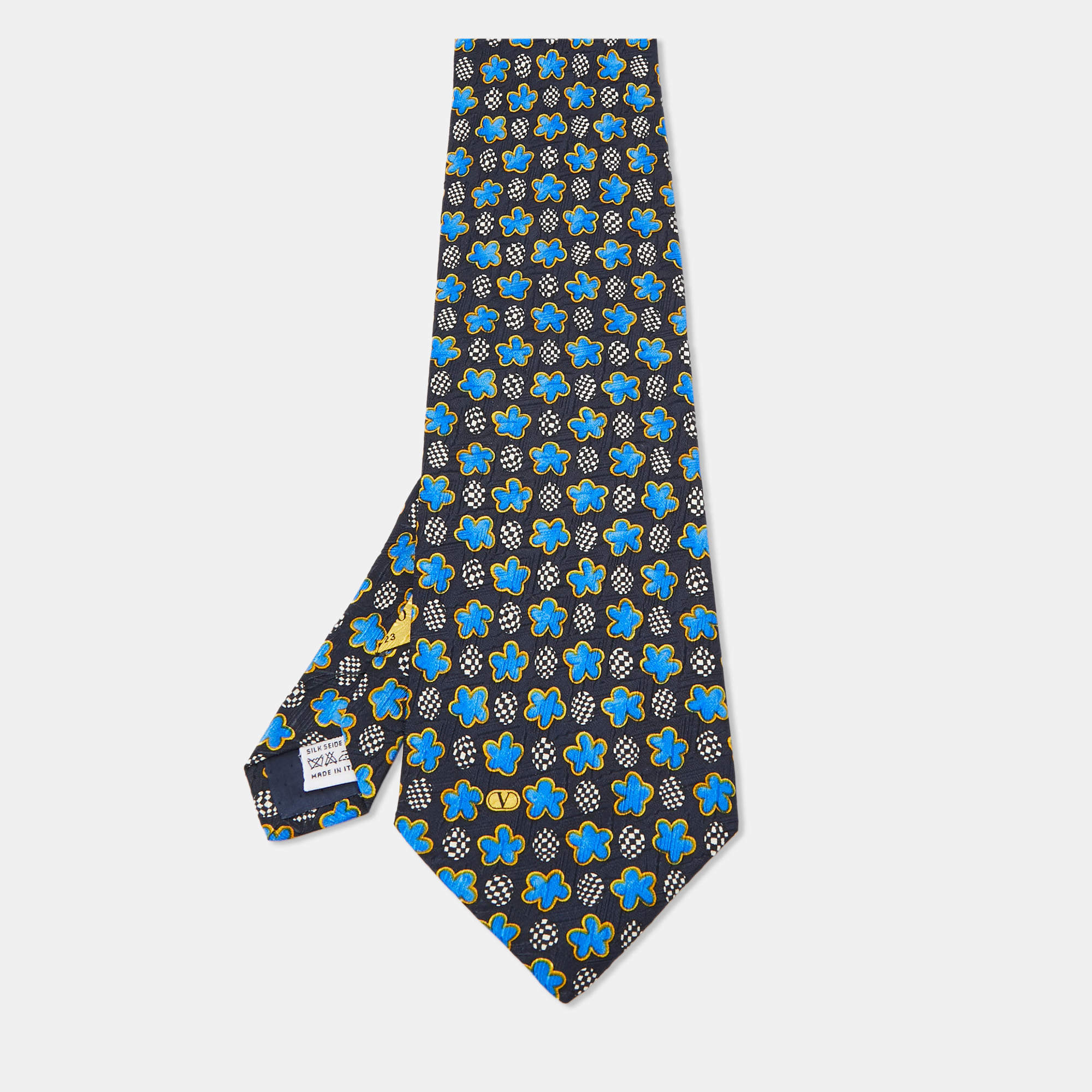 Pre Owned Valentino Black Floral Print Textured Silk Traditional Tie