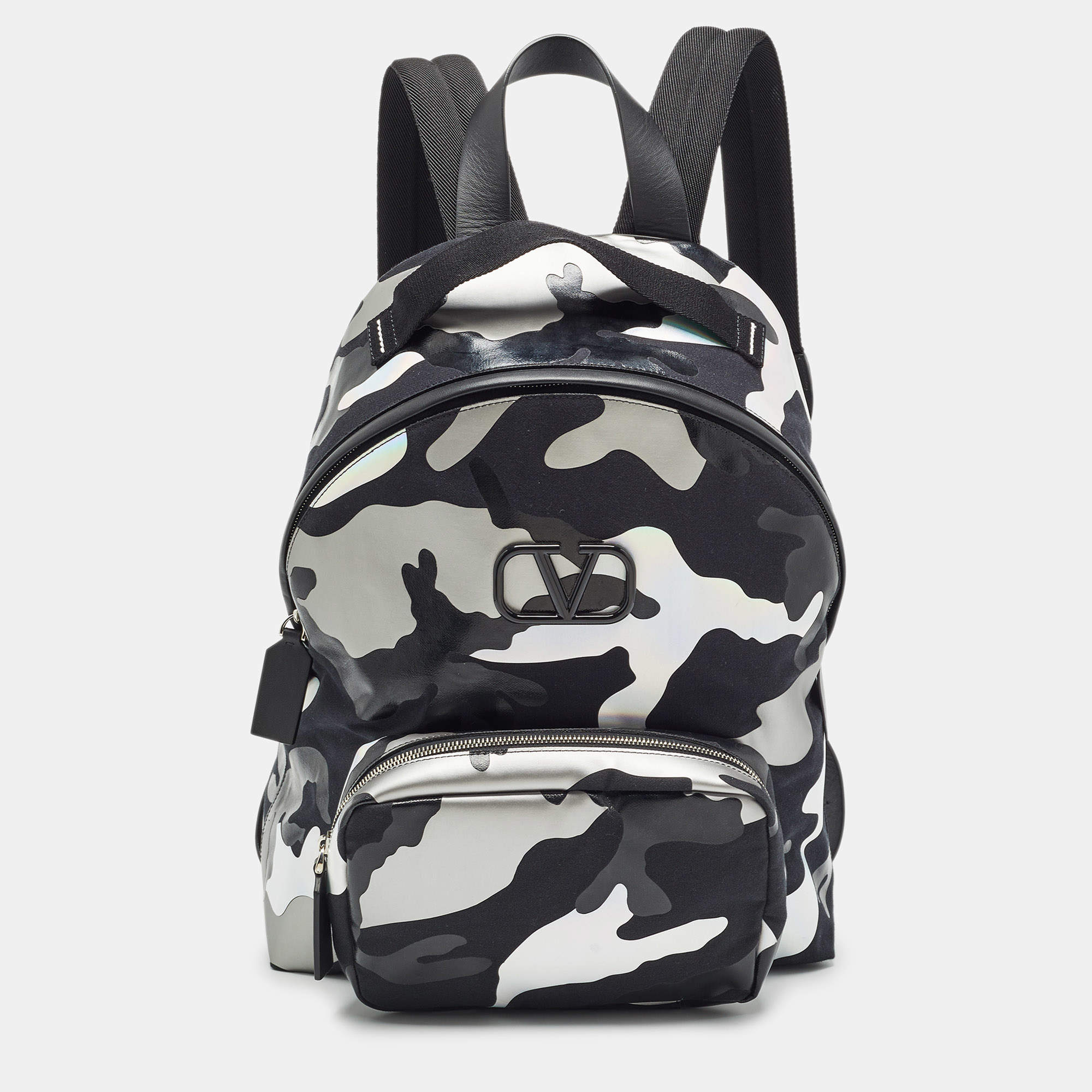 Valentino Black/Metallic Camouflage Fabric and Leather VLogo Backpack