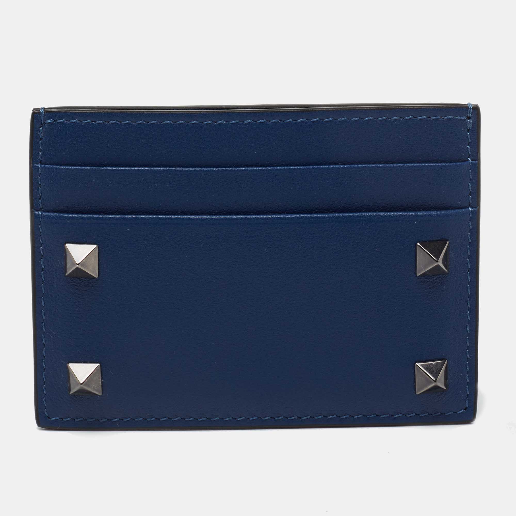 Pre Owned Valentino Blue Leather Rockstud Card Holder