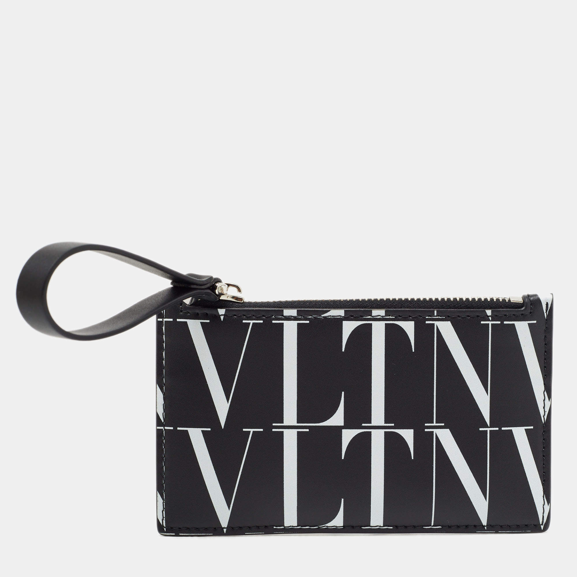 Valentino Black/White Leather VLTN Times Zip Card Holder 