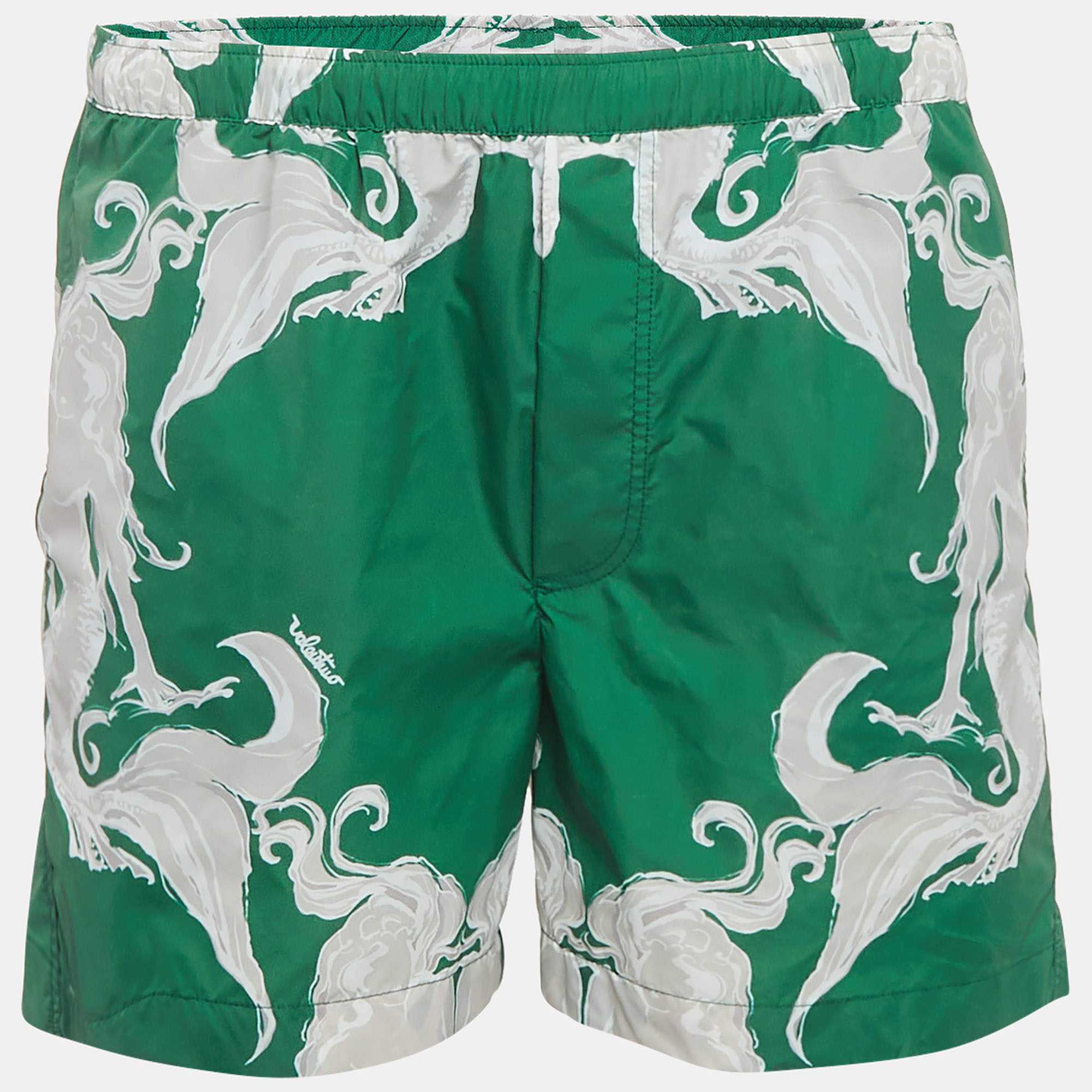 Pre Owned Valentino Green Garavani Metamorphos Siren Print Nylon Swim Shorts M