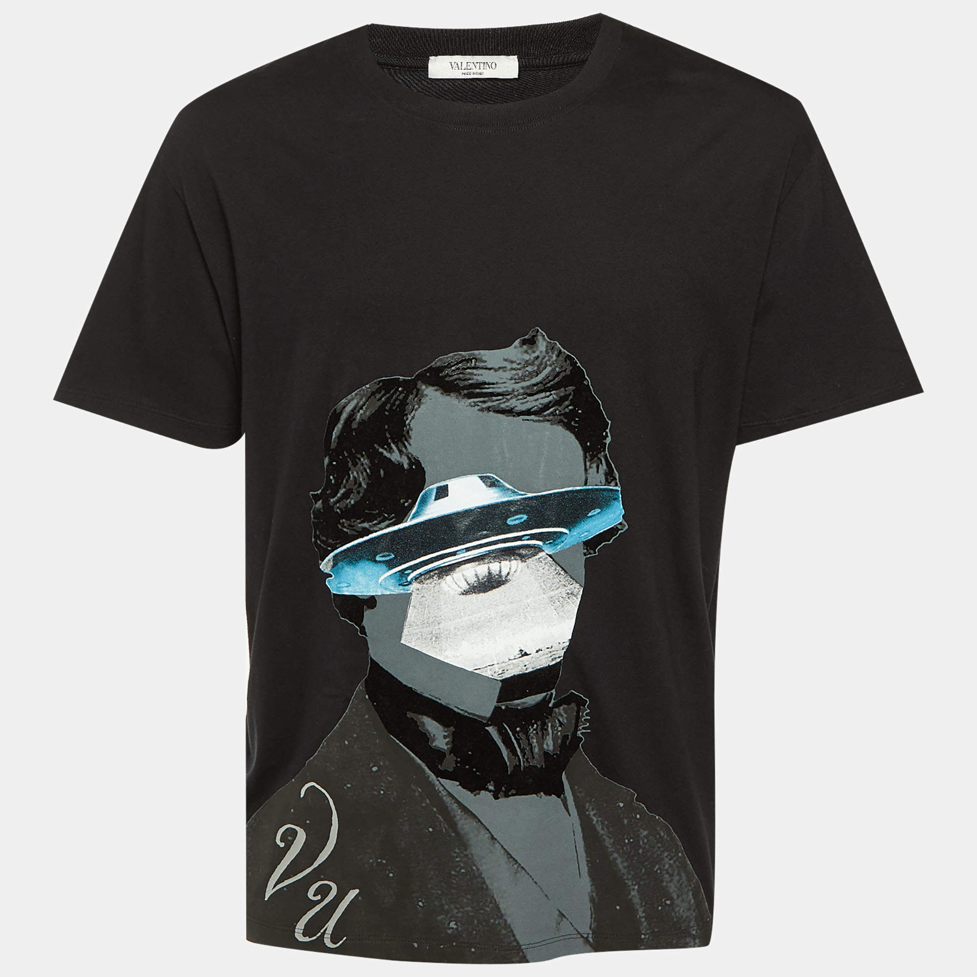 Pre Owned تي شيرت فالنتينو X أندركوفر قطن أسود طباعة وجه V UFO بياقة دائرية مقاس كبير - لارج