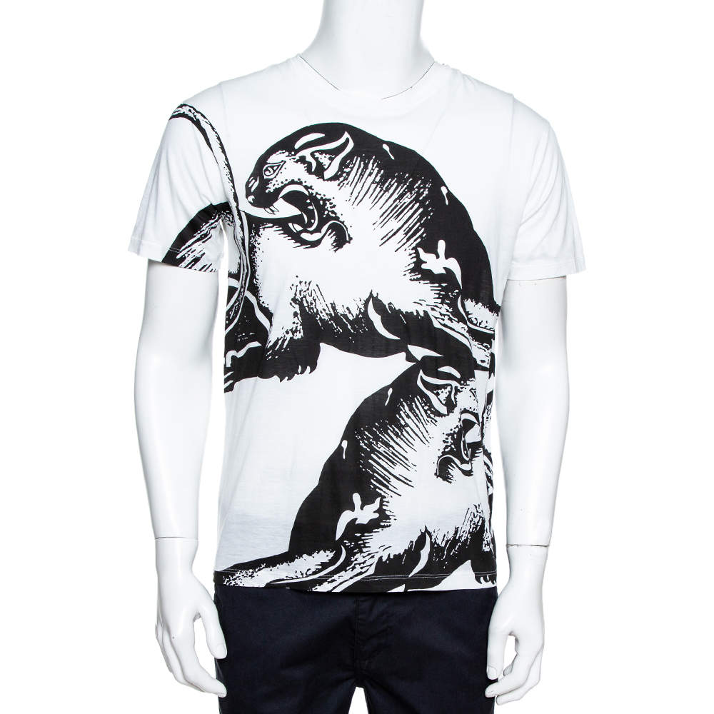 Valentino White Panther Print Cotton Crew Neck T-Shirt S