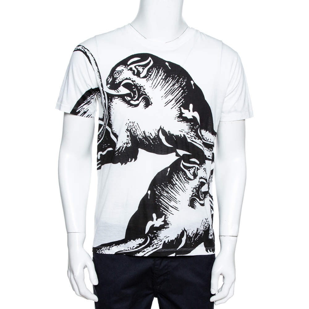 Pre Owned Valentino White Panther Print Cotton Crew Neck T-Shirt S