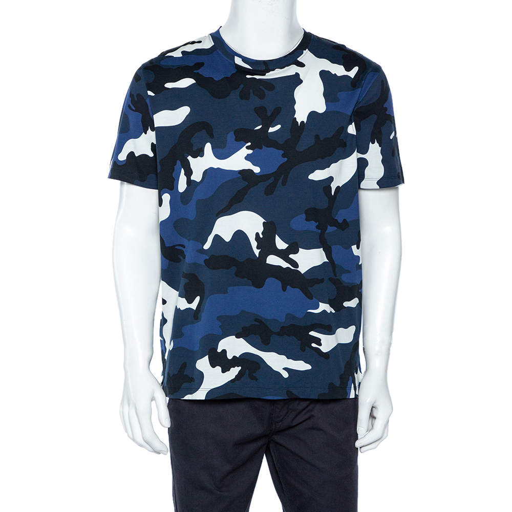 Pre Owned Valentino Blue Camo Print Cotton Crew Neck T-Shirt L 