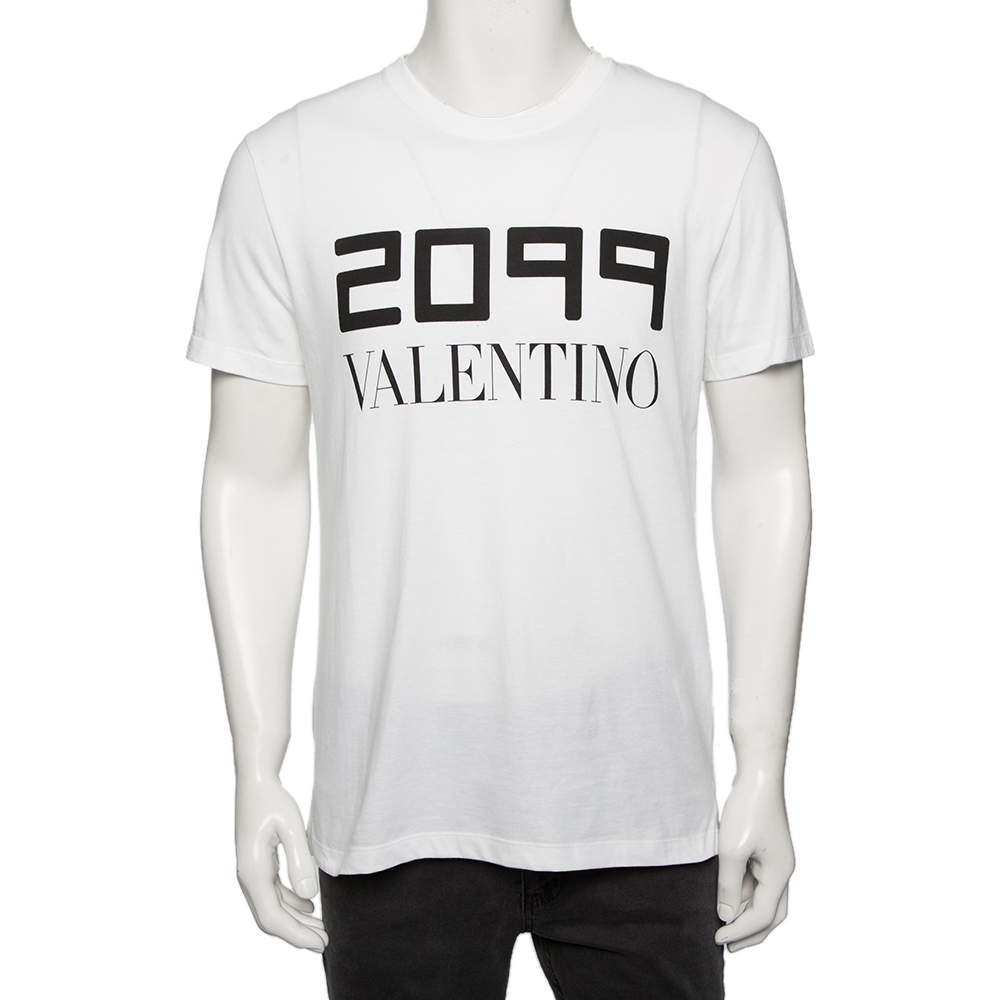 Pre Owned Valentino White Cotton 2099 Logo Printed Round Neck T-Shirt M