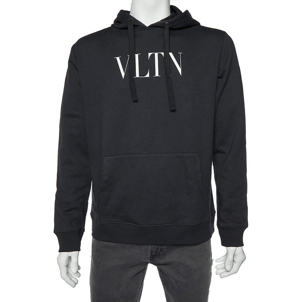 Pre Owned Valentino Black VLTN Print Cotton Hooded Sweatshirt L