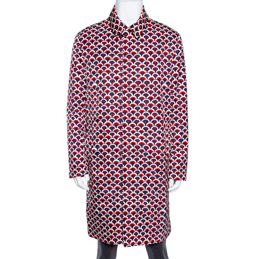 Pre Owned Valentino Navy Blue & Red Scale Print Zip Front Trench Coat XL