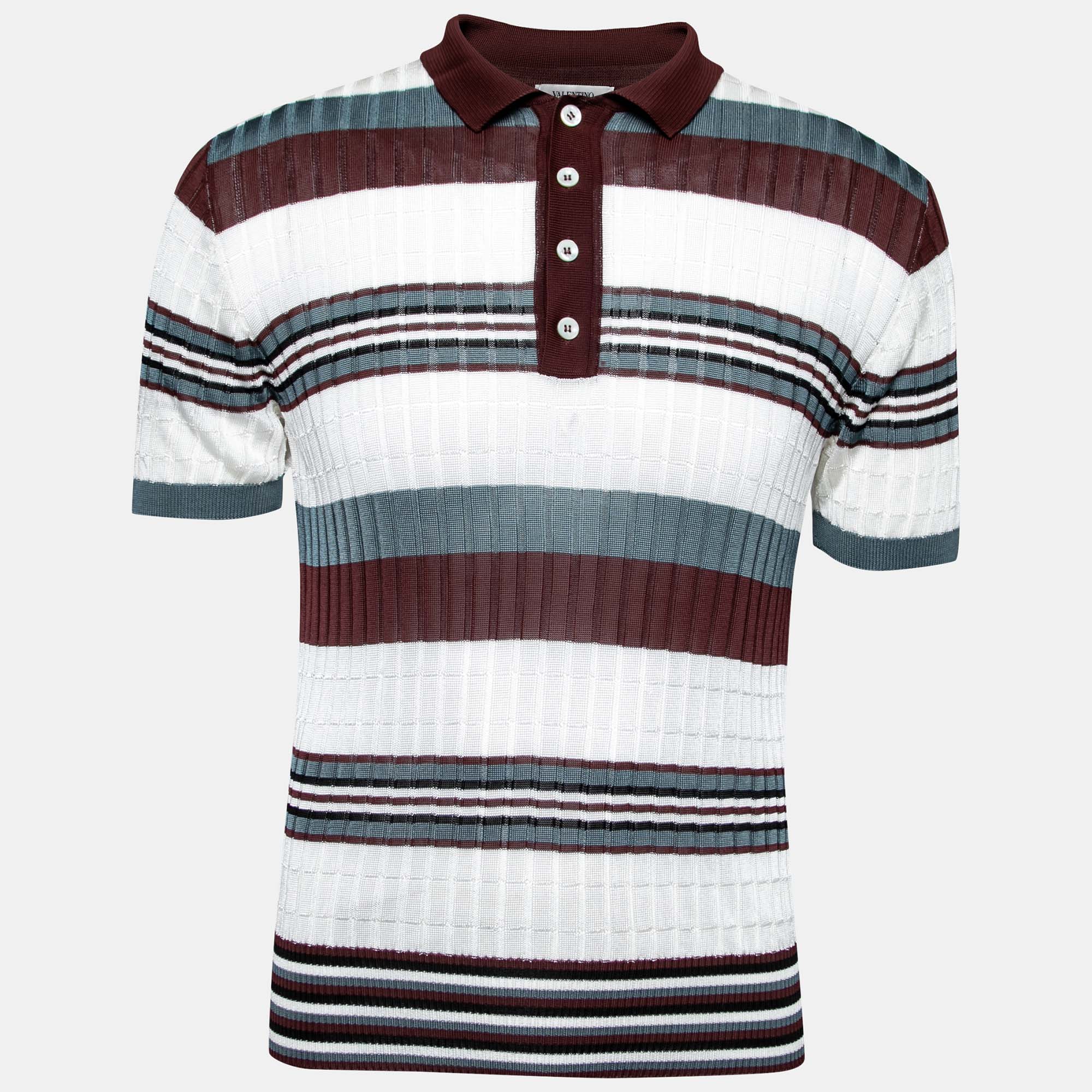 Pre Owned Valentino White Multicolor Striped Pattern Knit Shirt M