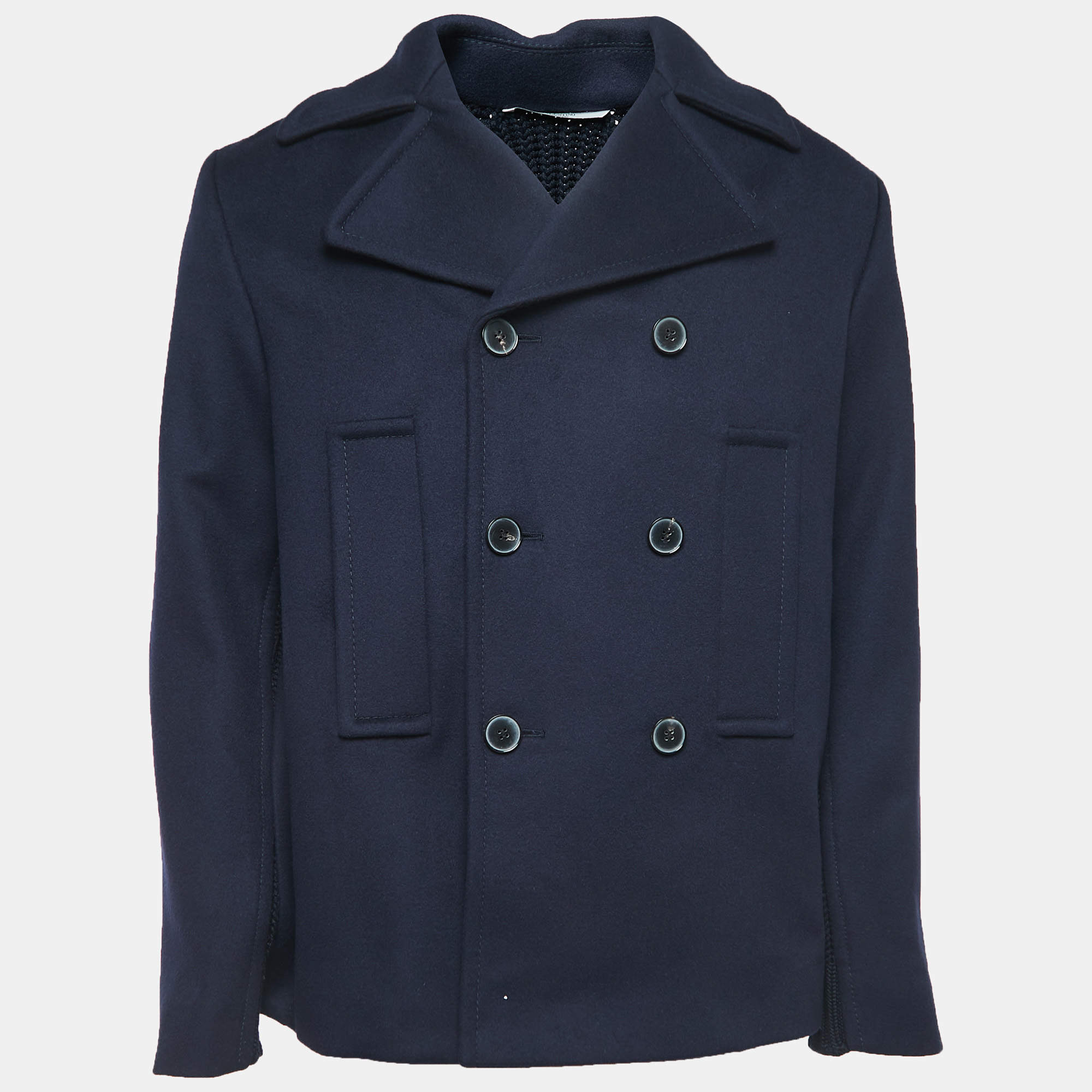 Prada Double-Breasted Cashmere Coat, Men, Navy, Size 46r