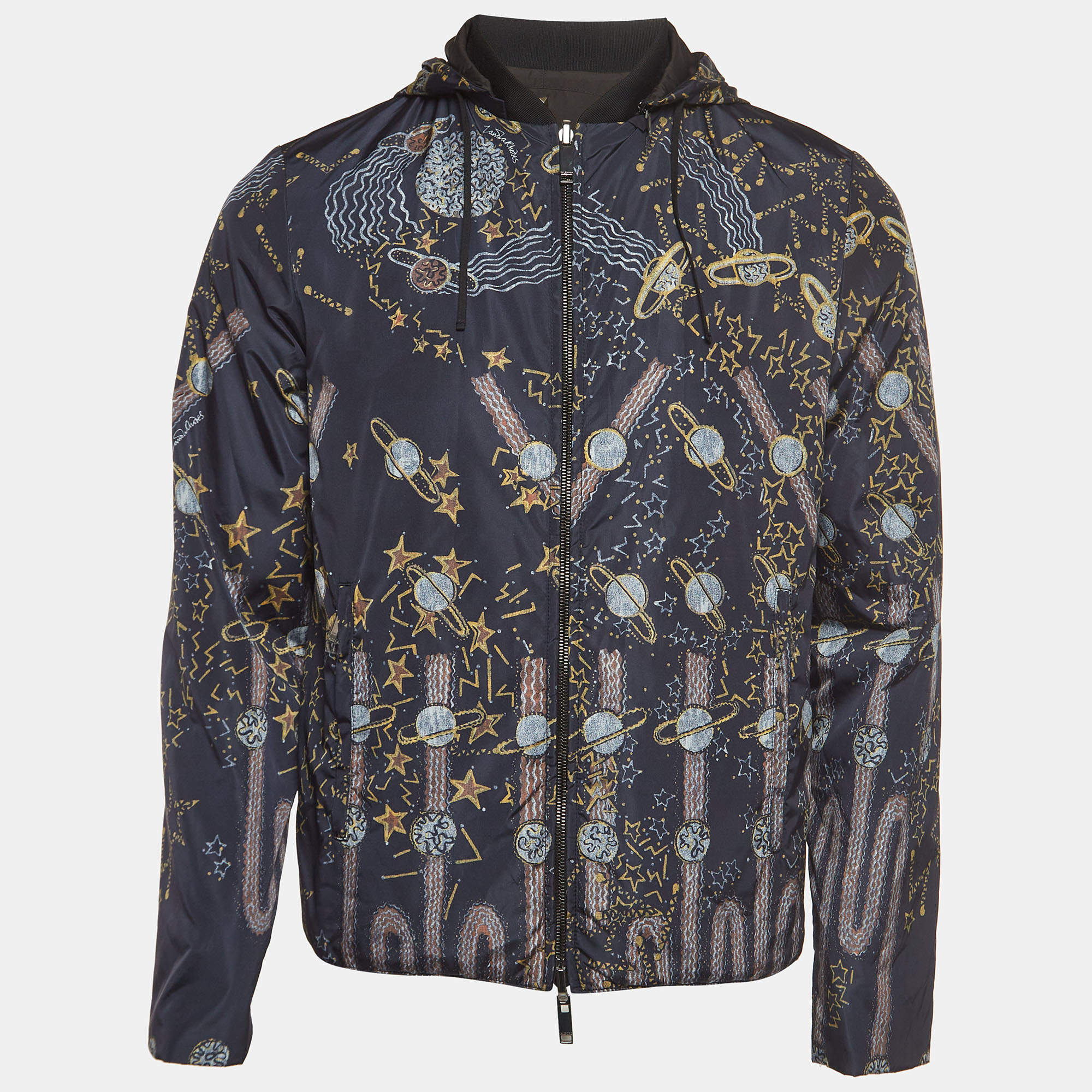Valentino Navy Blue Space Print Nylon Reversable Detachable Hood Jacket S