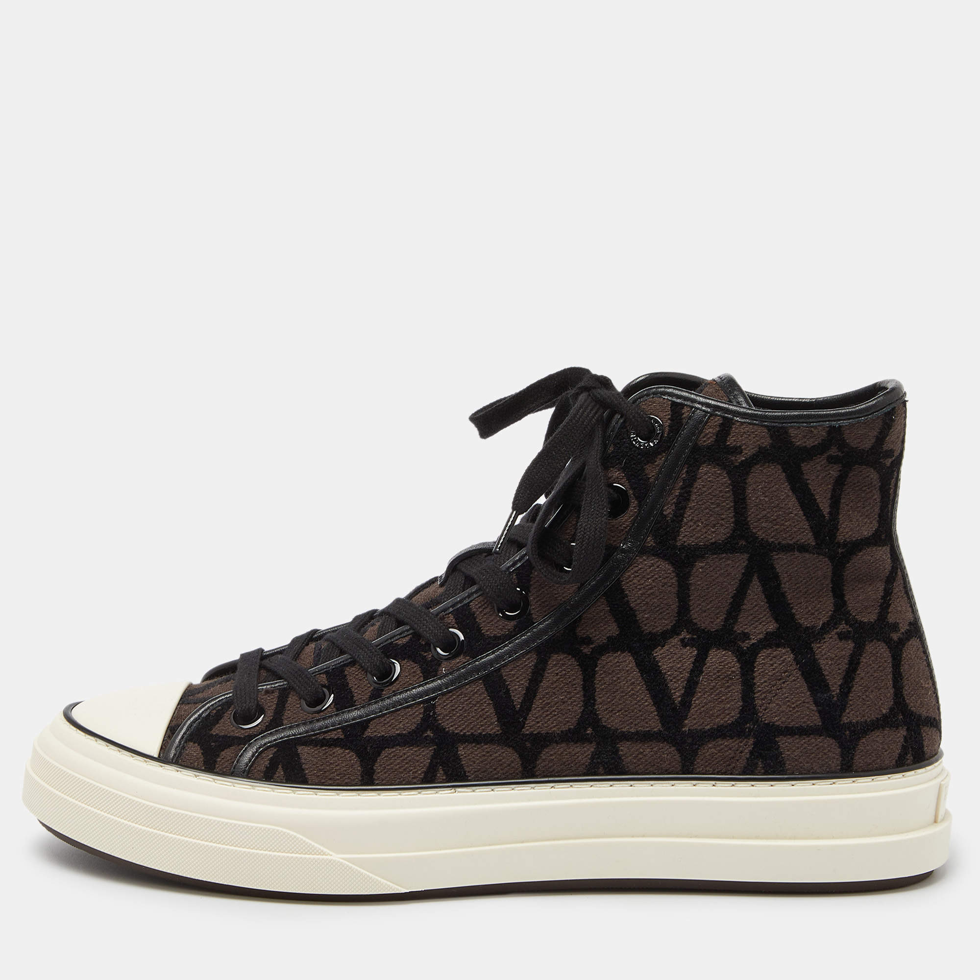 Pre Owned Valentino Brown/Black Canvas and Leather High Top Sneakers Size 43.5