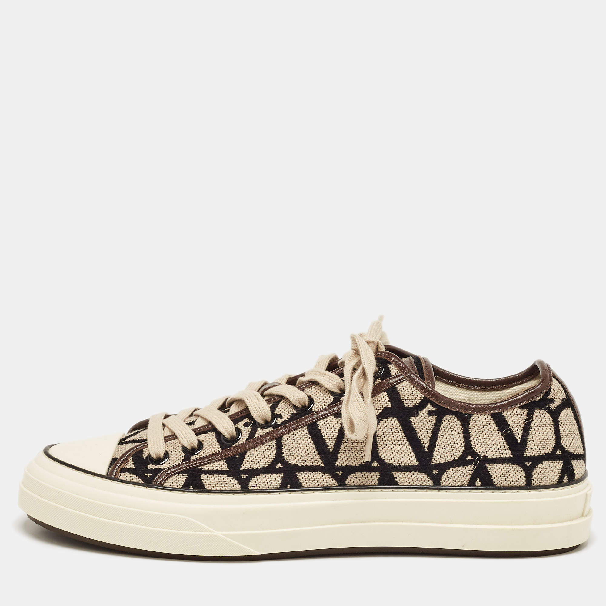 Valentino Brown/Beige Canvas and Leather Toile Iconographe Sneakers Size 44 