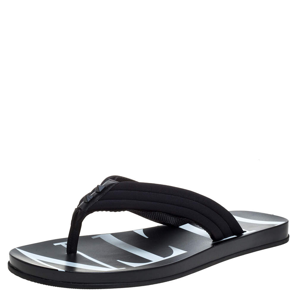 Valentino Black Fabric and Leather Trim VLTN Flip Flops Size 42