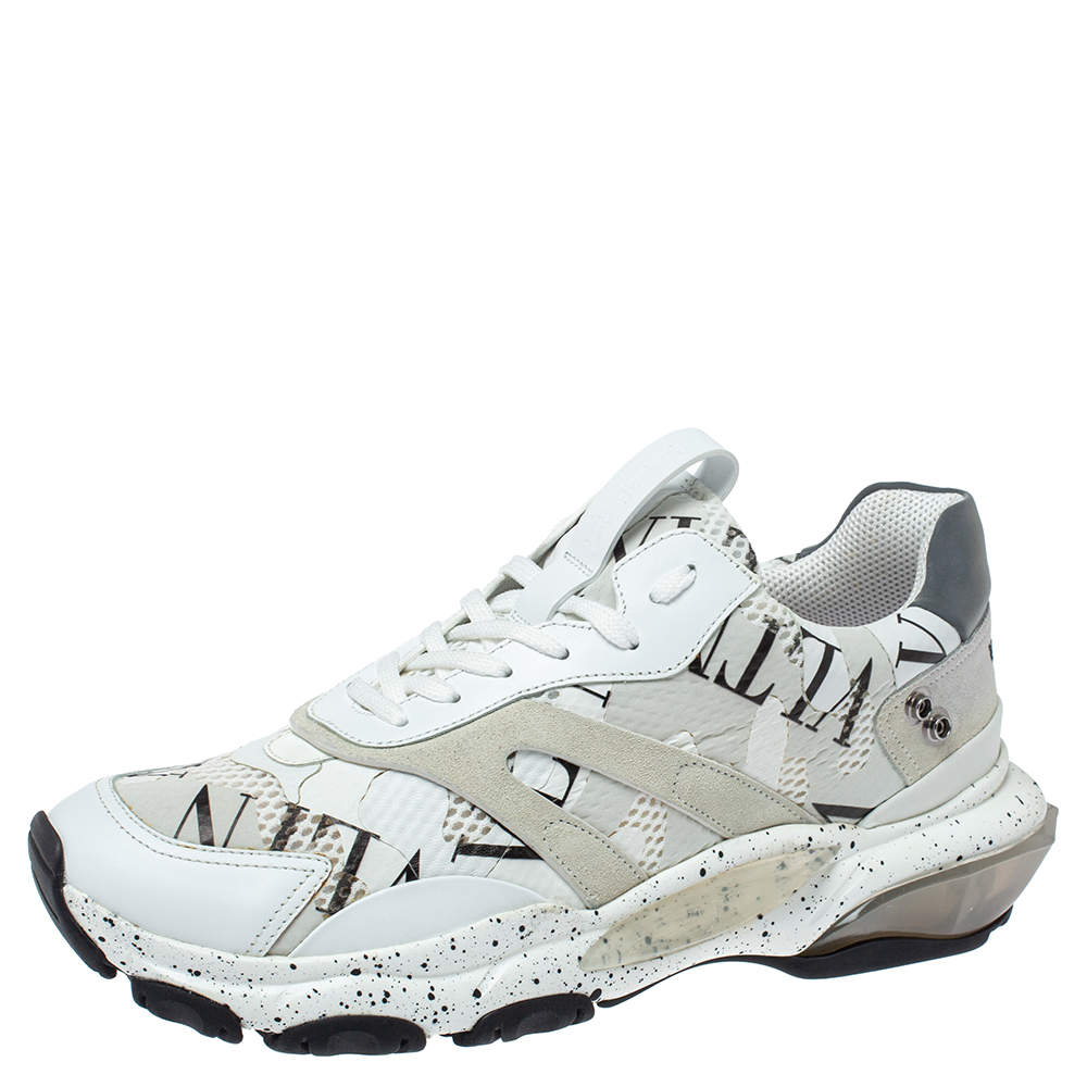 Valentino White/Black Leather, Suede and Mesh Camouflage with Feathers VLTN Grid Bounce Sneakers Size 42