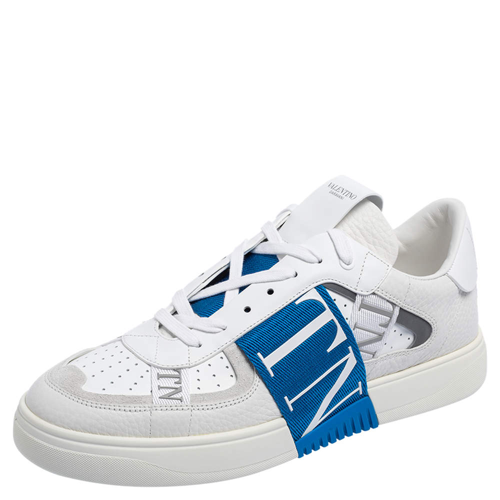 Valentino White/Blue Leather And Suede VLTN Low Top Sneakers Size 43