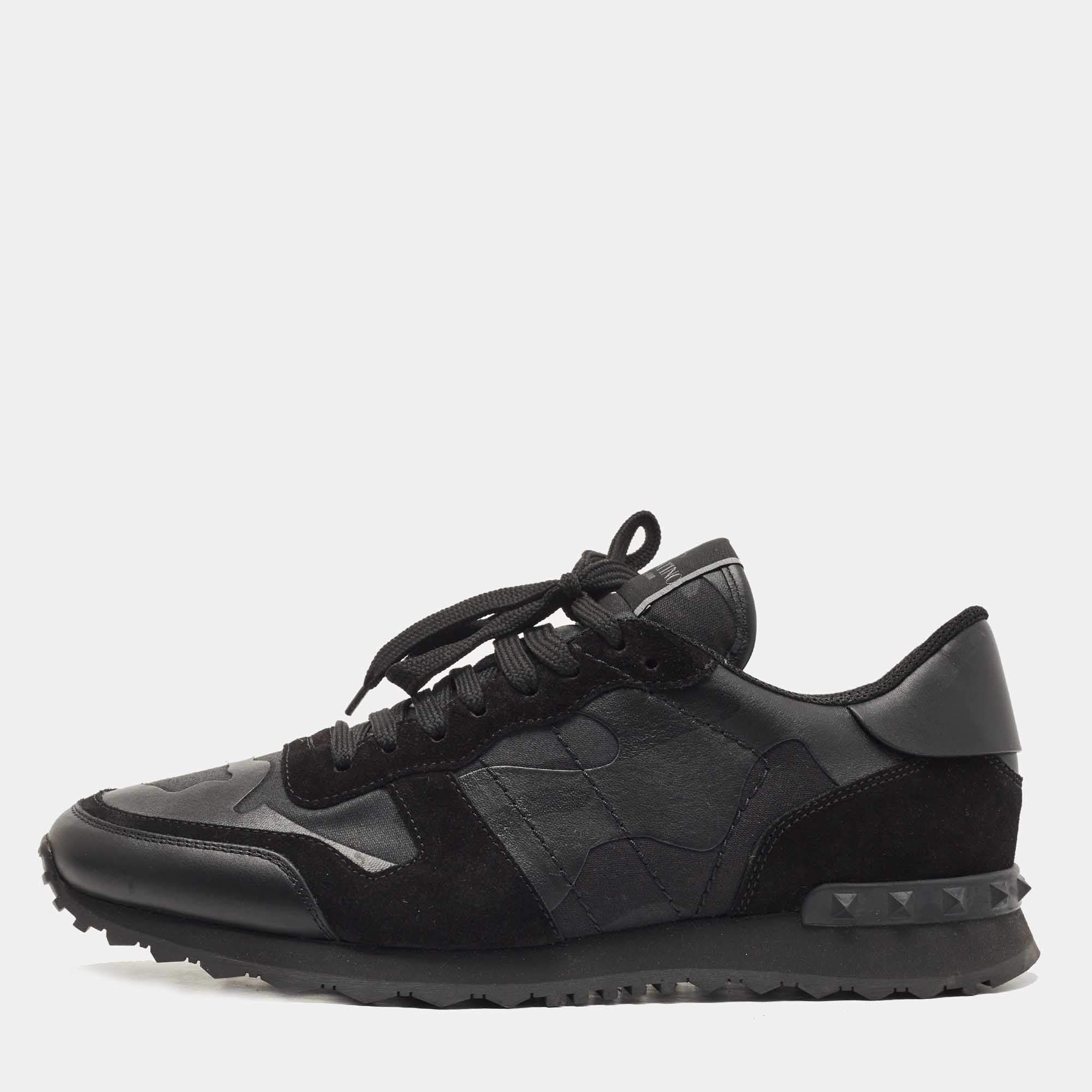 Pre Owned Valentino Black Camouflage Print Canvas and Leather Rockrunner Sneakers Size 44