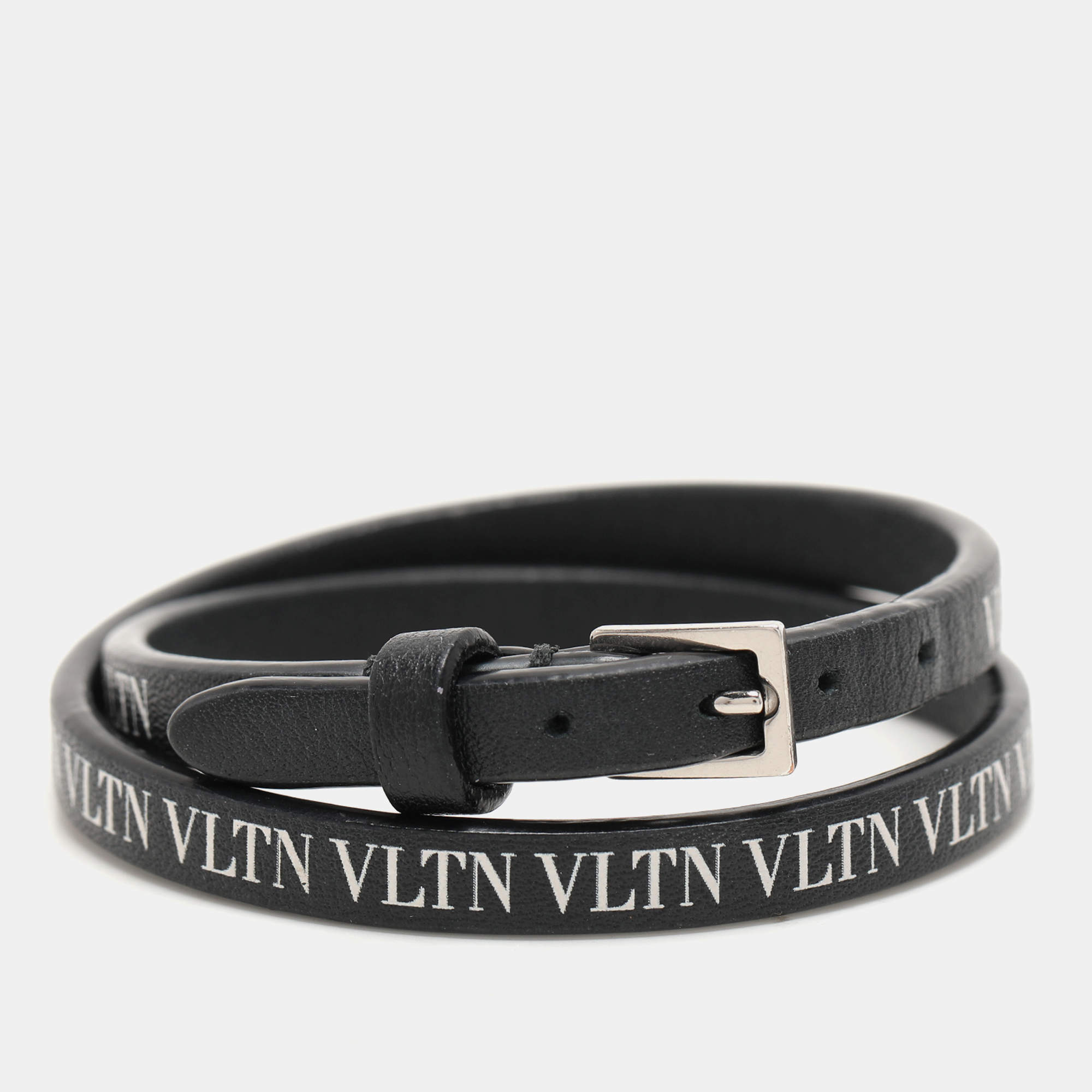 Valentino Black Leather VLTN Double Wrap Bracelet