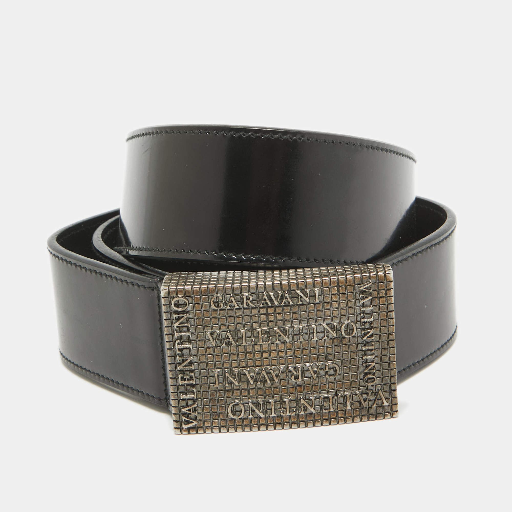 Valentino Black Patent Leather Logo Square Buckle Belt 90CM