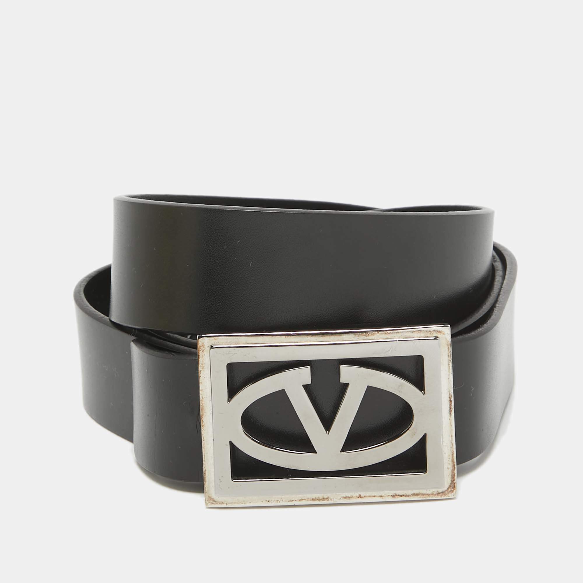 Valentino Black Leather Vlogo Square Buckle Reversible  Belt 110 CM