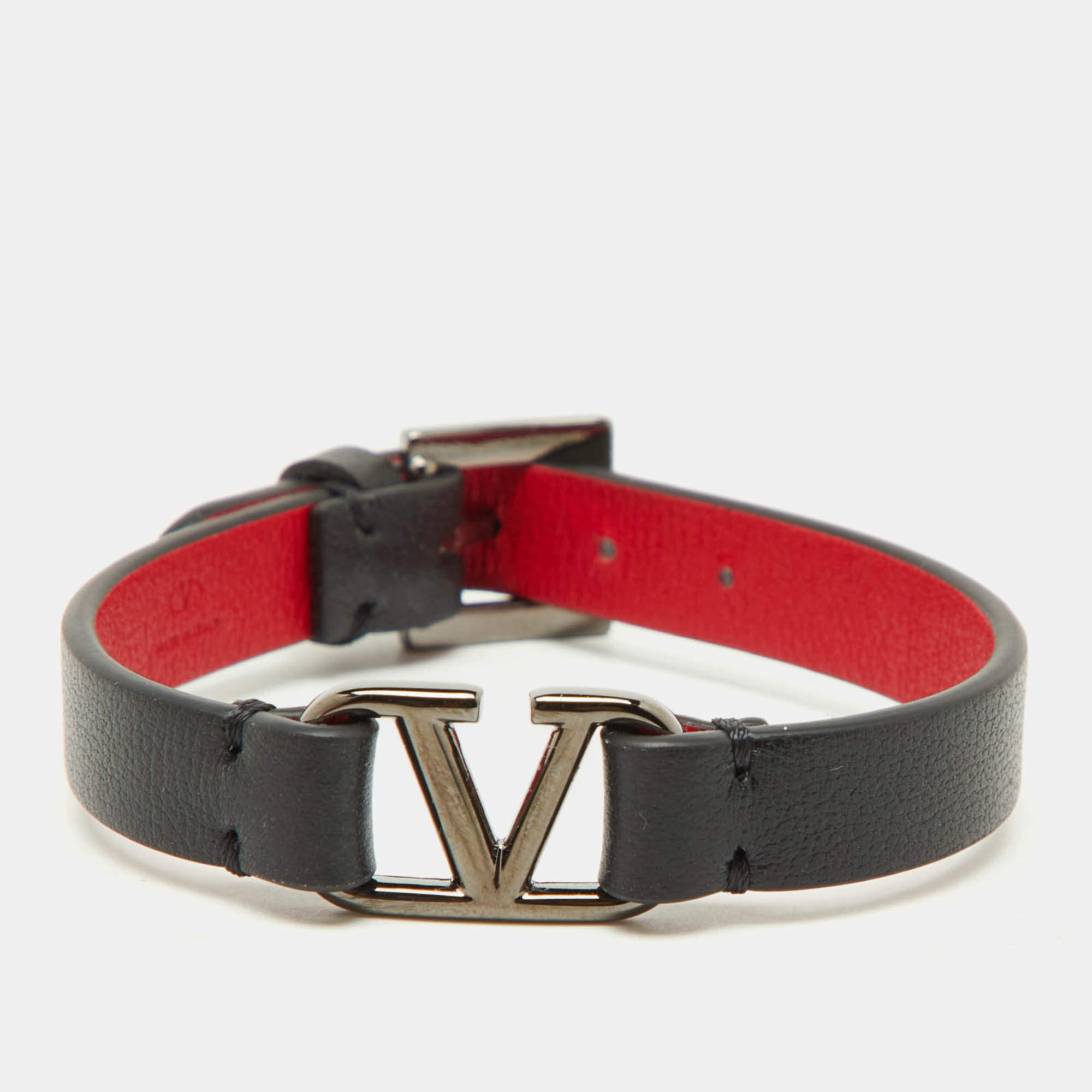 Pre Owned Valentino Black Leather VLogo Signature Bracelet