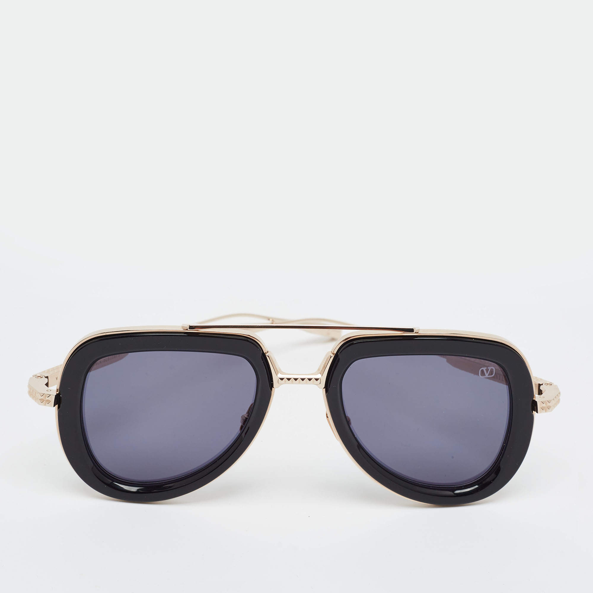Pre Owned Valentino Black/Gold Tone VL Story VLS 129A Aviator Sunglasses