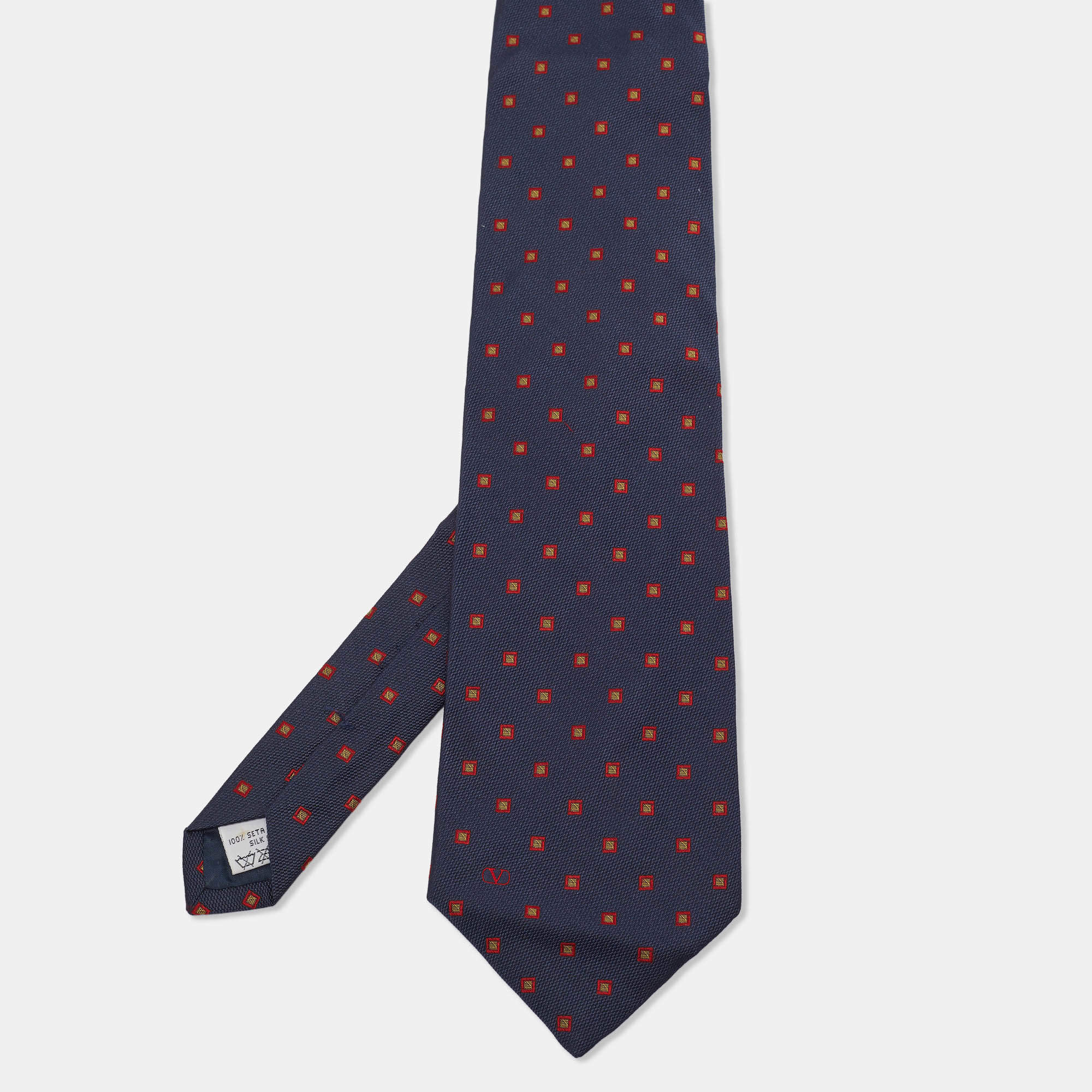 Pre Owned Valentino Navy Blue Geometric Jacquard Silk Traditional Tie