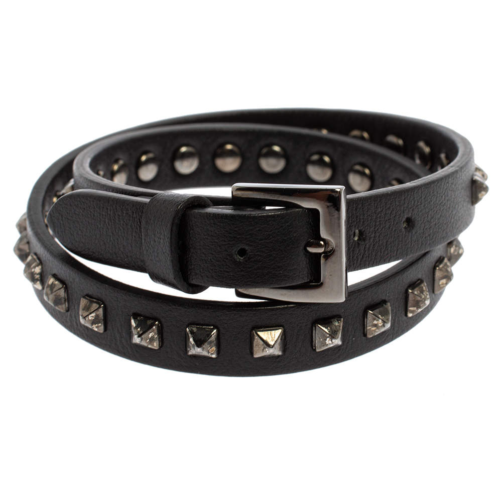 Valentino Rockstud Black Leather Gunmetal Tone Wrap Bracelet