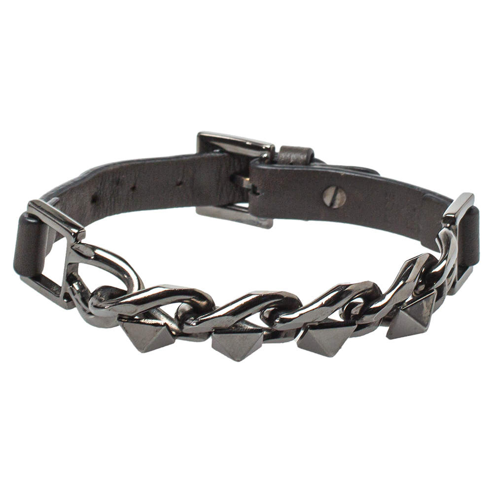 Valentino Gunmetal Tone Chain Rockstud Leather Wrap Bracelet