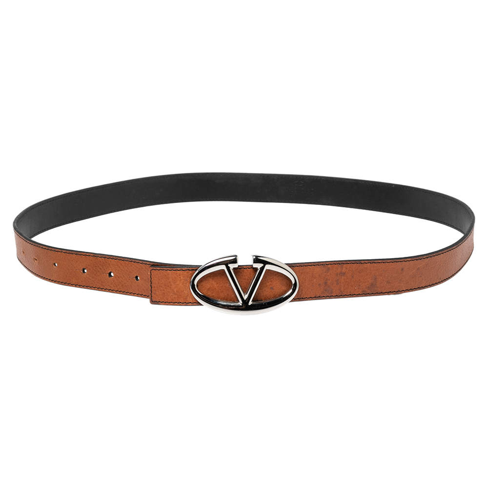 Valentino Tan/Black Leather V Logo Reversible Buckle Belt 105CM