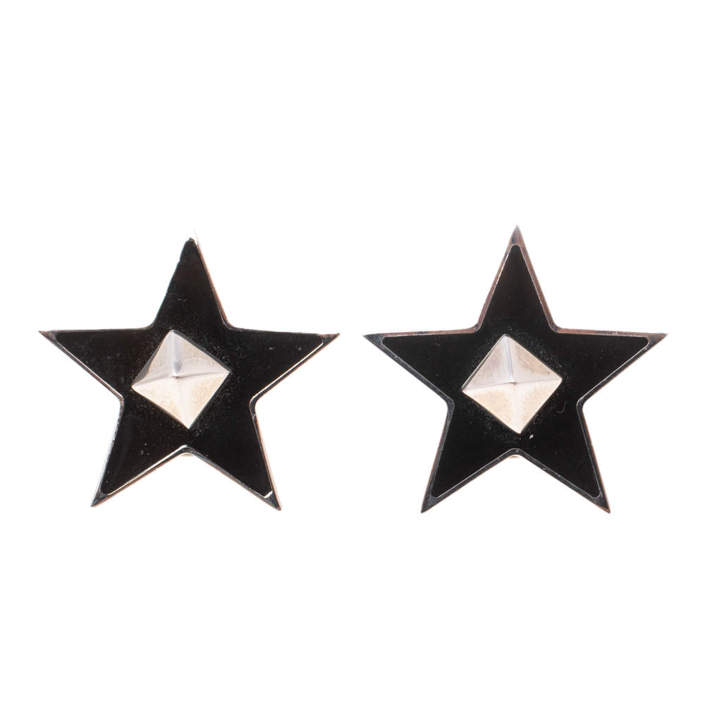 Valentino Black Enamel Rockstud Star Pin Brooch Set of 2
