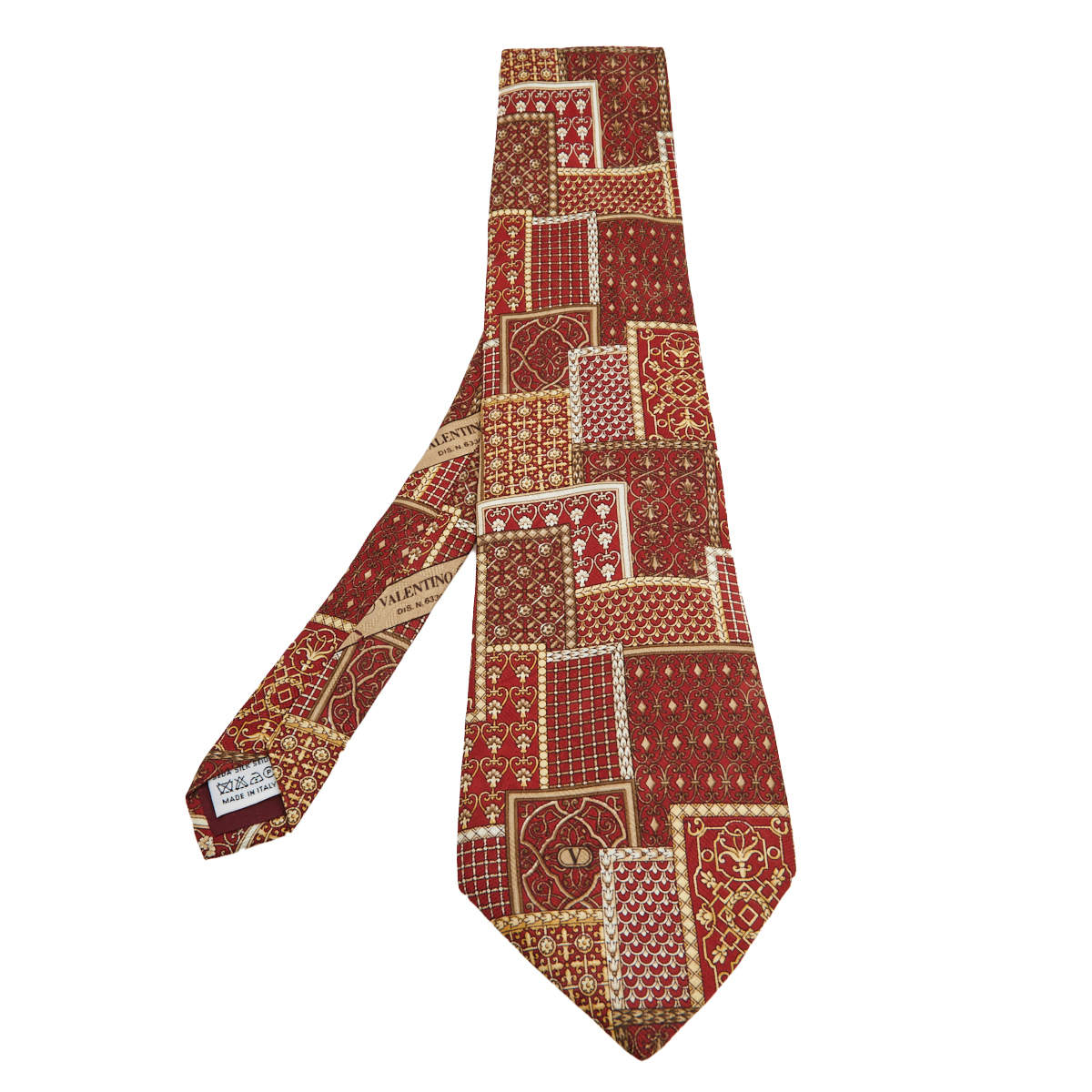 Pre Owned Valentino Vintage Red Patchwork Print Traditional Silk Tie