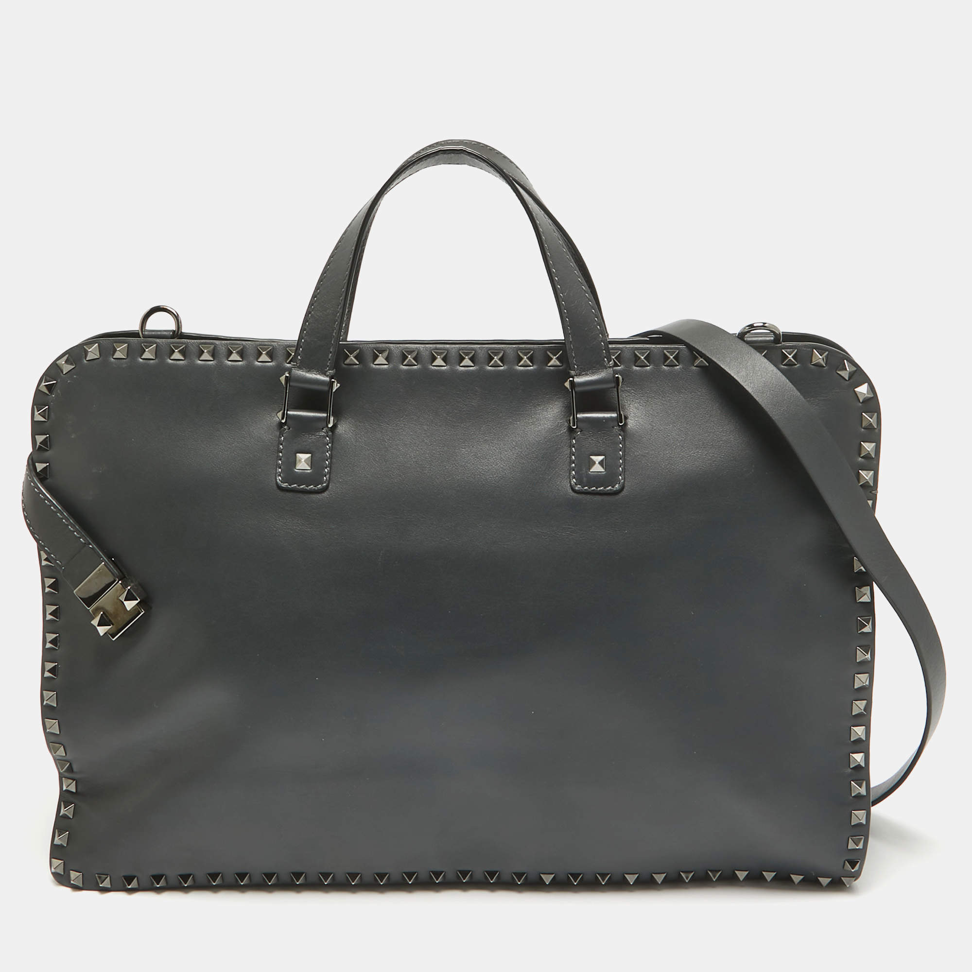 Valentino Black Leather Rockstud Briefcase Laptop Bag