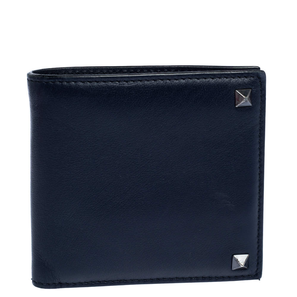 Pre Owned Valentino Navy Blue Leather Rockstud Bifold Wallet