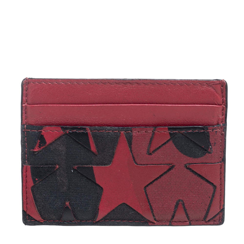 Valentino Burgundy/Black Canvas and Leather Star Patch Card Holder