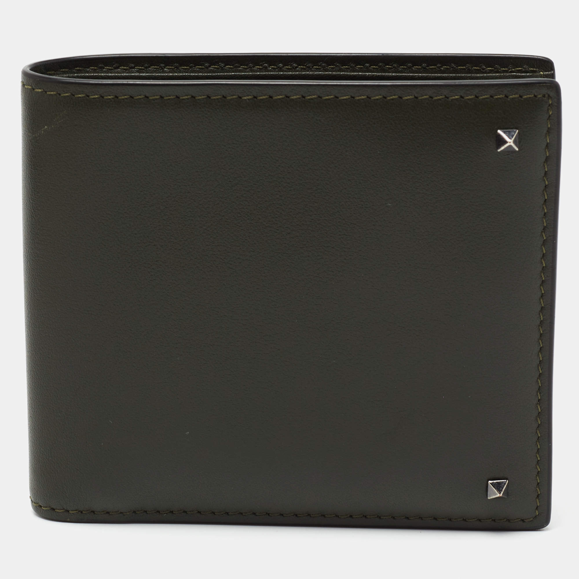 Pre Owned Valentino Olive Green Leather Rockstud Bifold Wallet