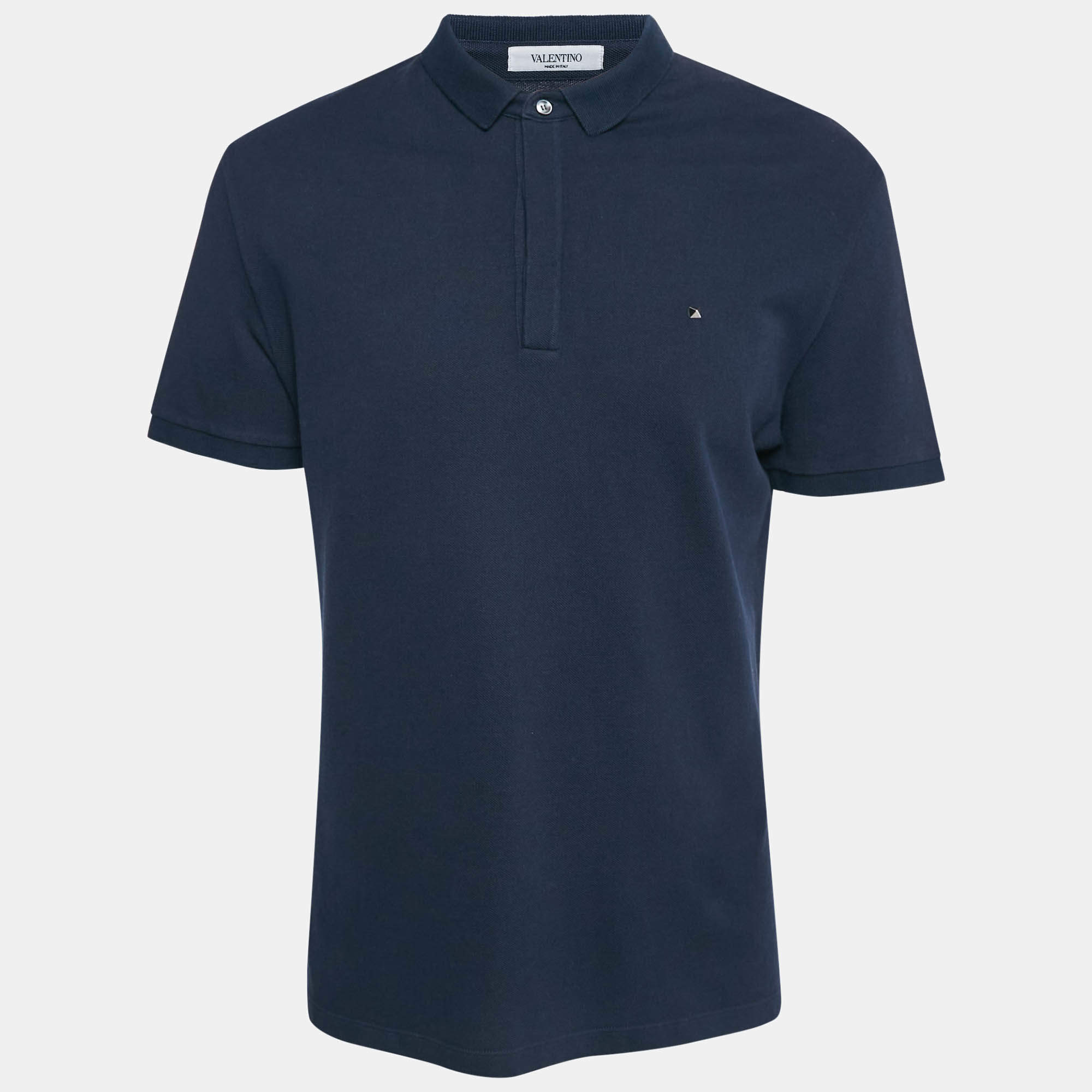 Pre Owned Valentino Navy Blue Cotton Polo Stud Detail T-Shirt L