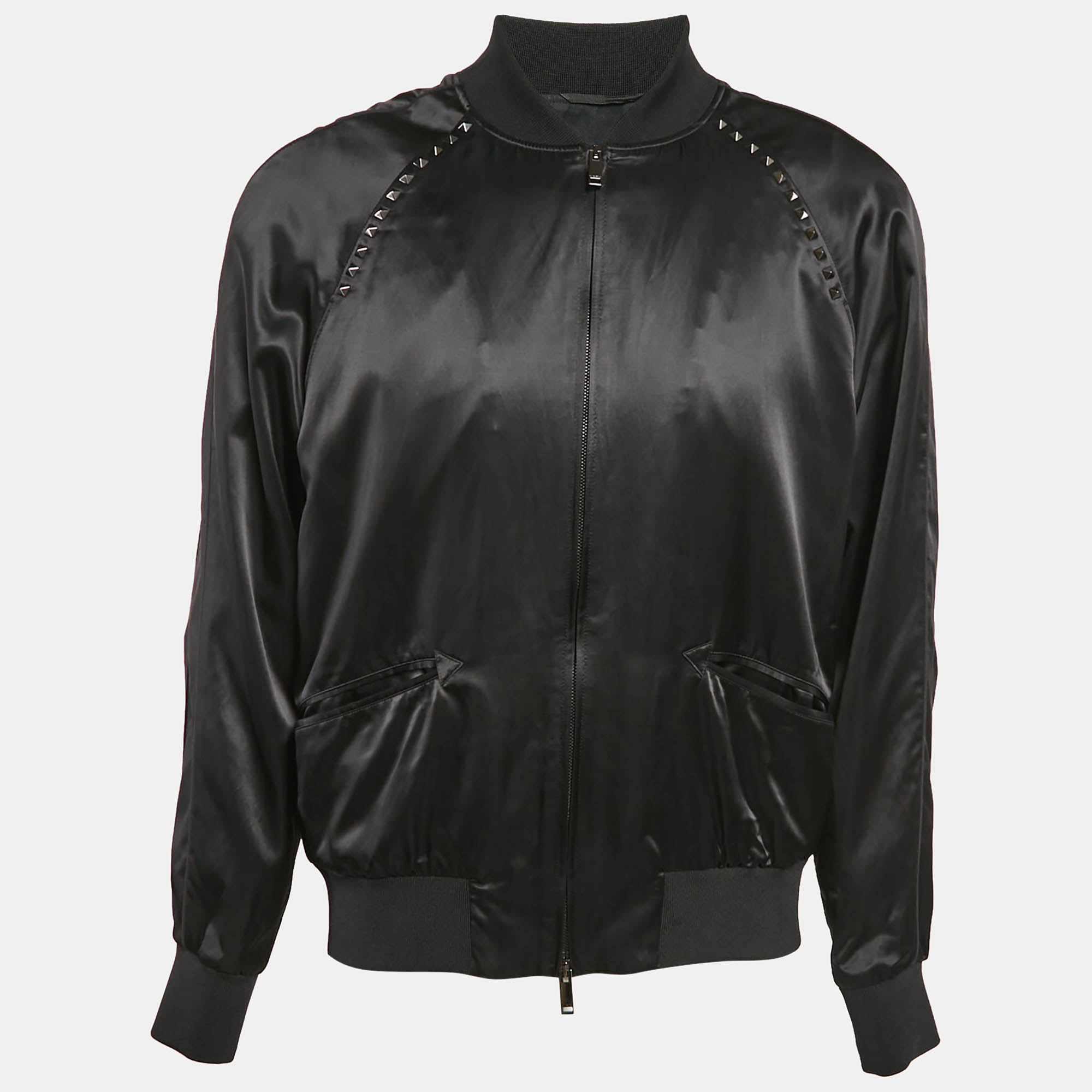 Valentino Black Rockstud Satin Bomber Jacket L