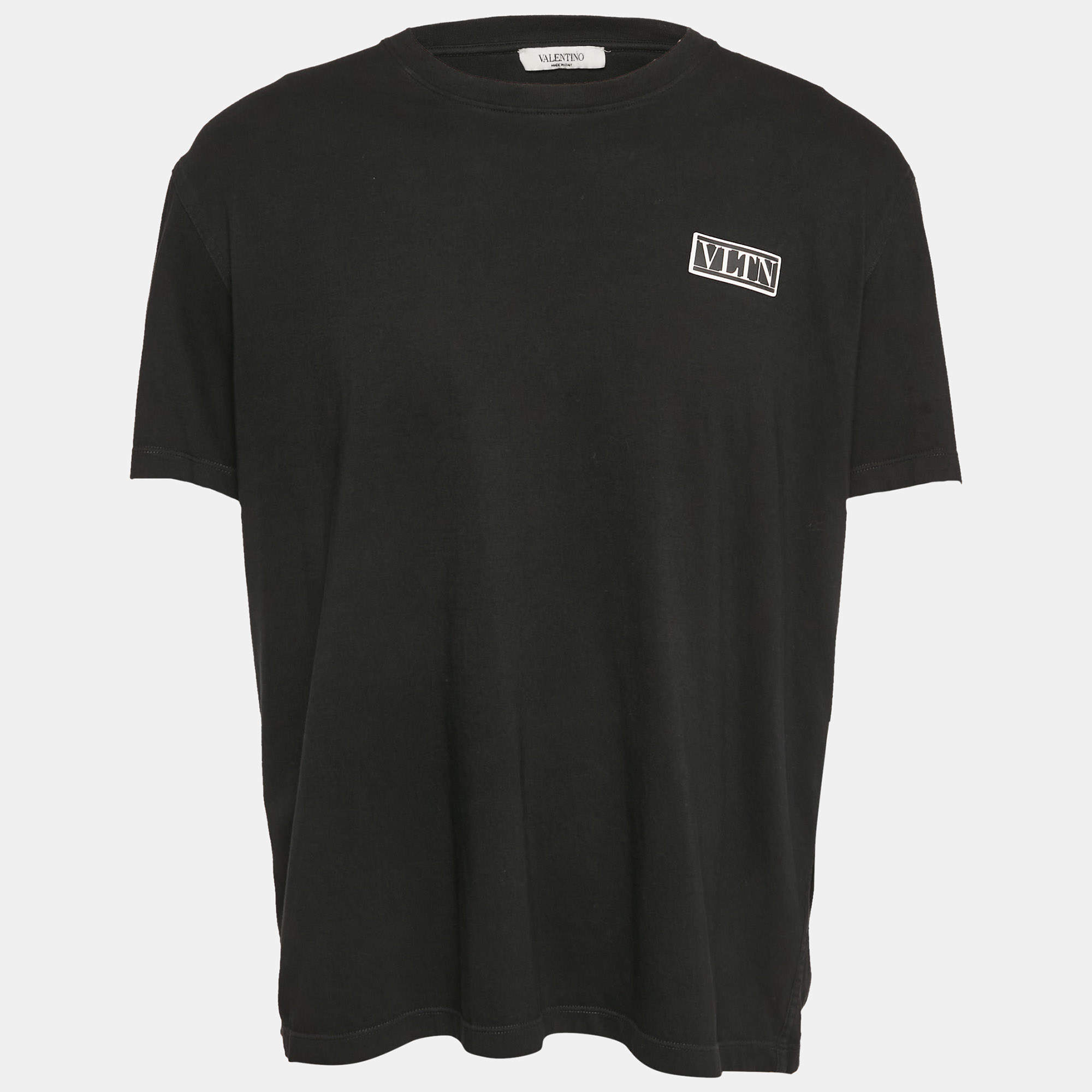 Pre Owned Valentino Black Logo Applique Jersey Crew Neck T-Shirt XL
