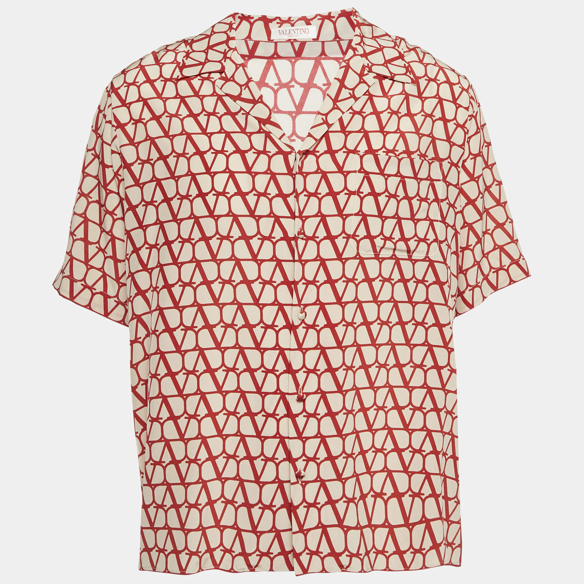 Valentino Beige/Red Monogram Silk Short Sleeve Shirt L