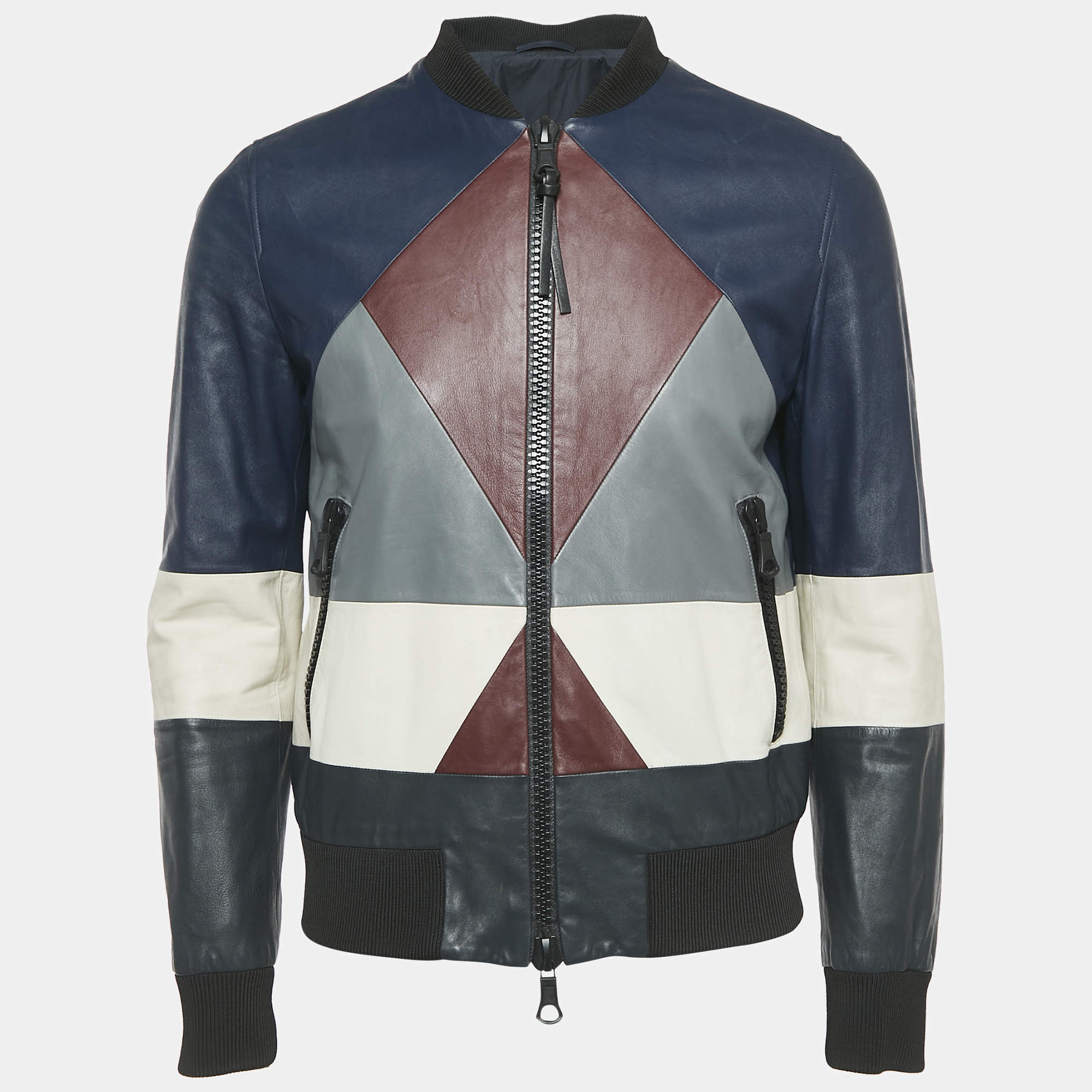 Valentino Navy Blue Patch Work Leather Zip-Up Jacket M