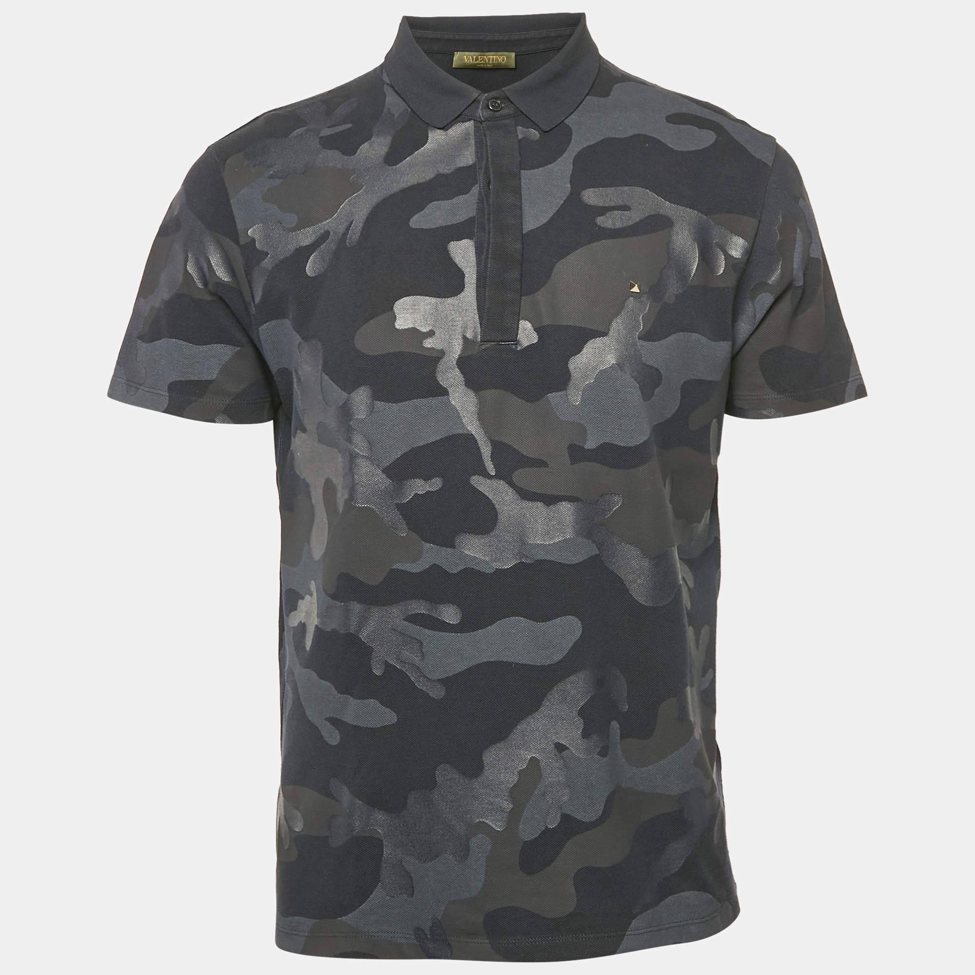 Valentino Navy Blue Camouflage Print Cotton Pique Polo T-Shirt M