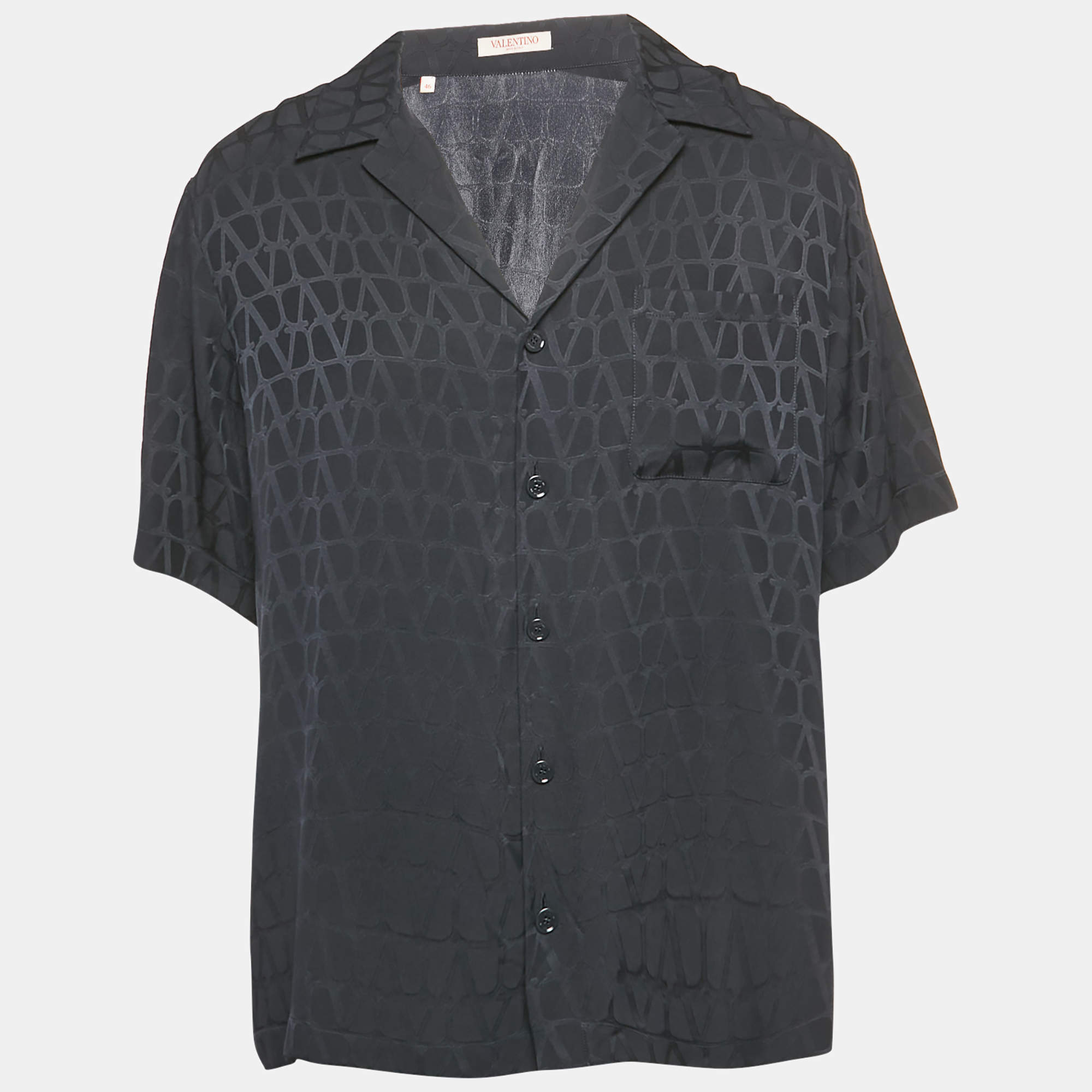 Pre Owned Valentino Black Silk Logo Jacquard Oversized Bowling Shirt S
