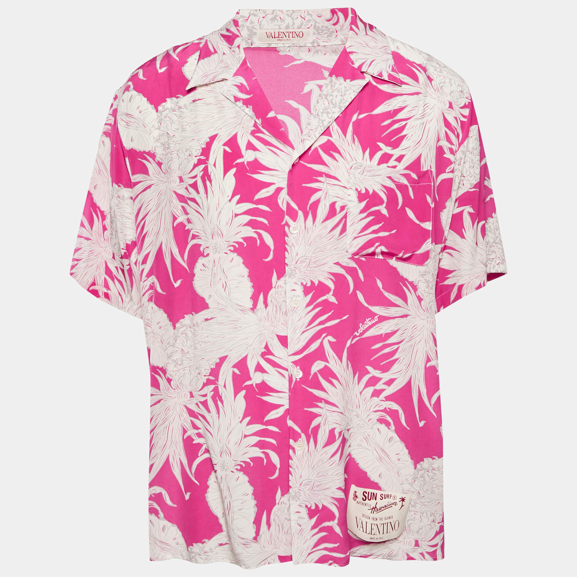 Pre Owned Valentino Pink Printed Silk Oversized Bowling Shirt M