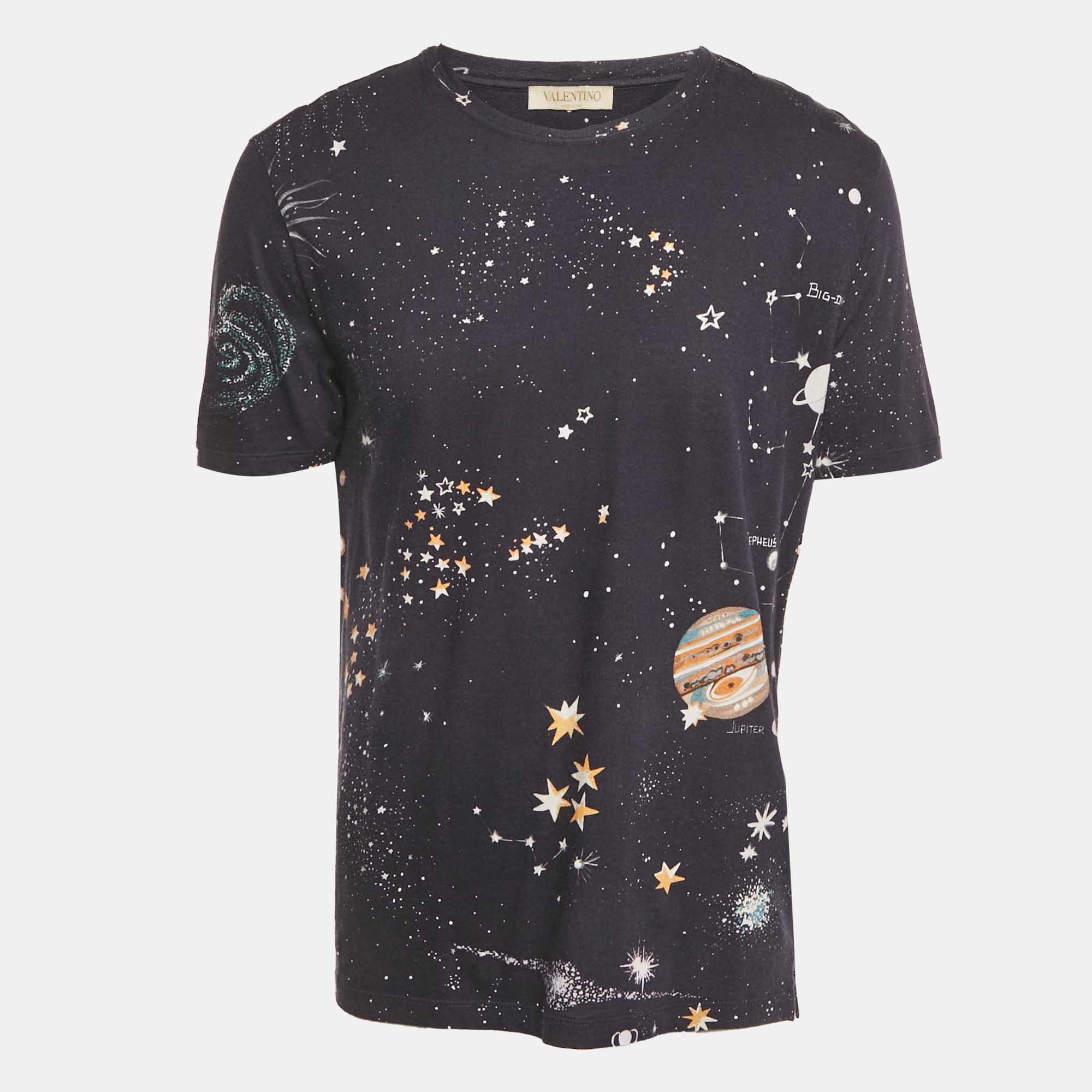 Pre Owned Valentino Navy Blue Cosmo Print Cotton Crew Neck T Shirt L