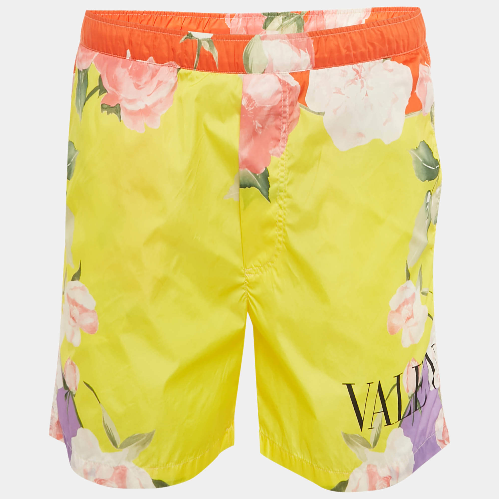 Pre Owned Valentino Yellow Flying Flower Print Nylon Swim Shorts S