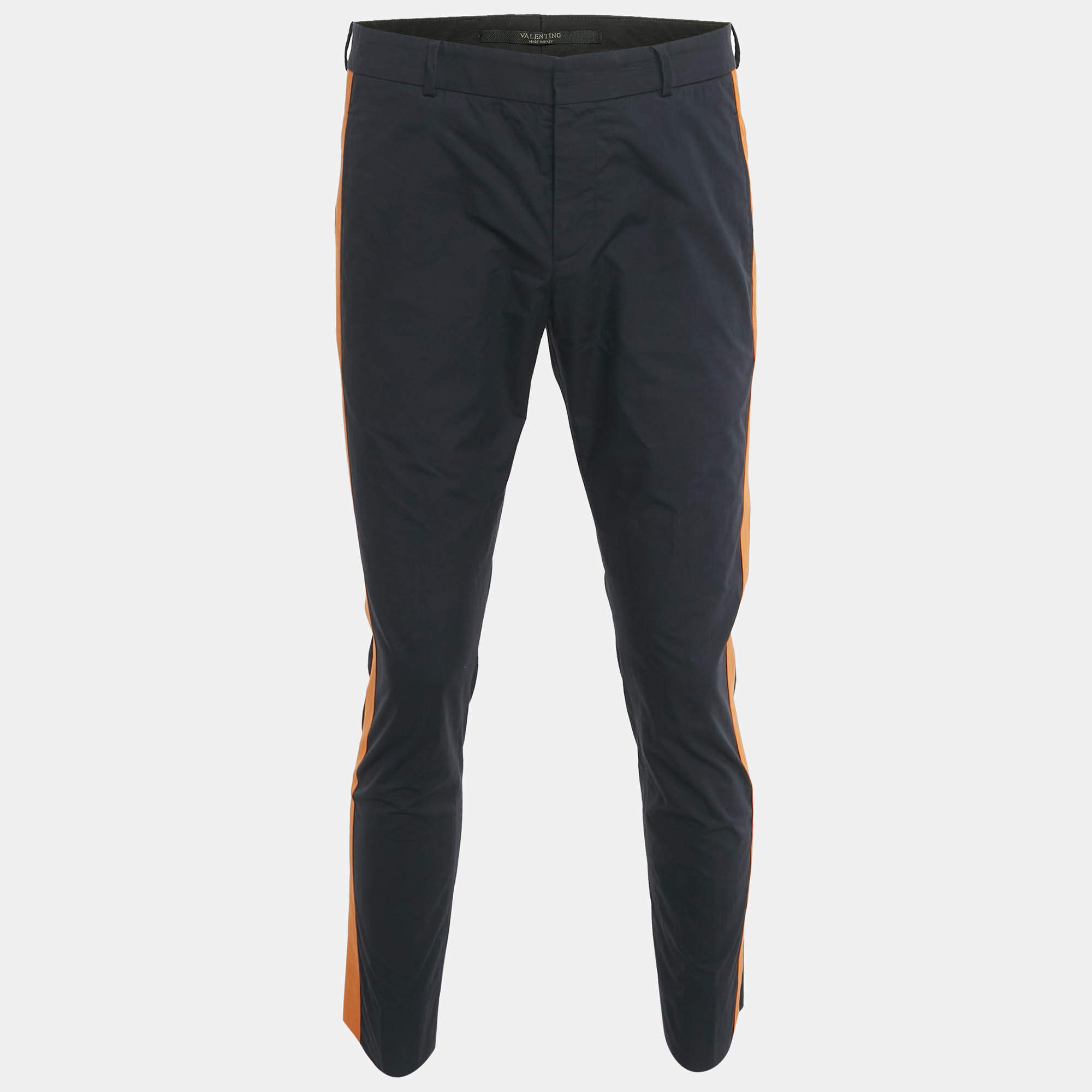 Pre Owned Valentino Navy Blue & Mandarin Orange Cotton Stripe Detail Trousers M 