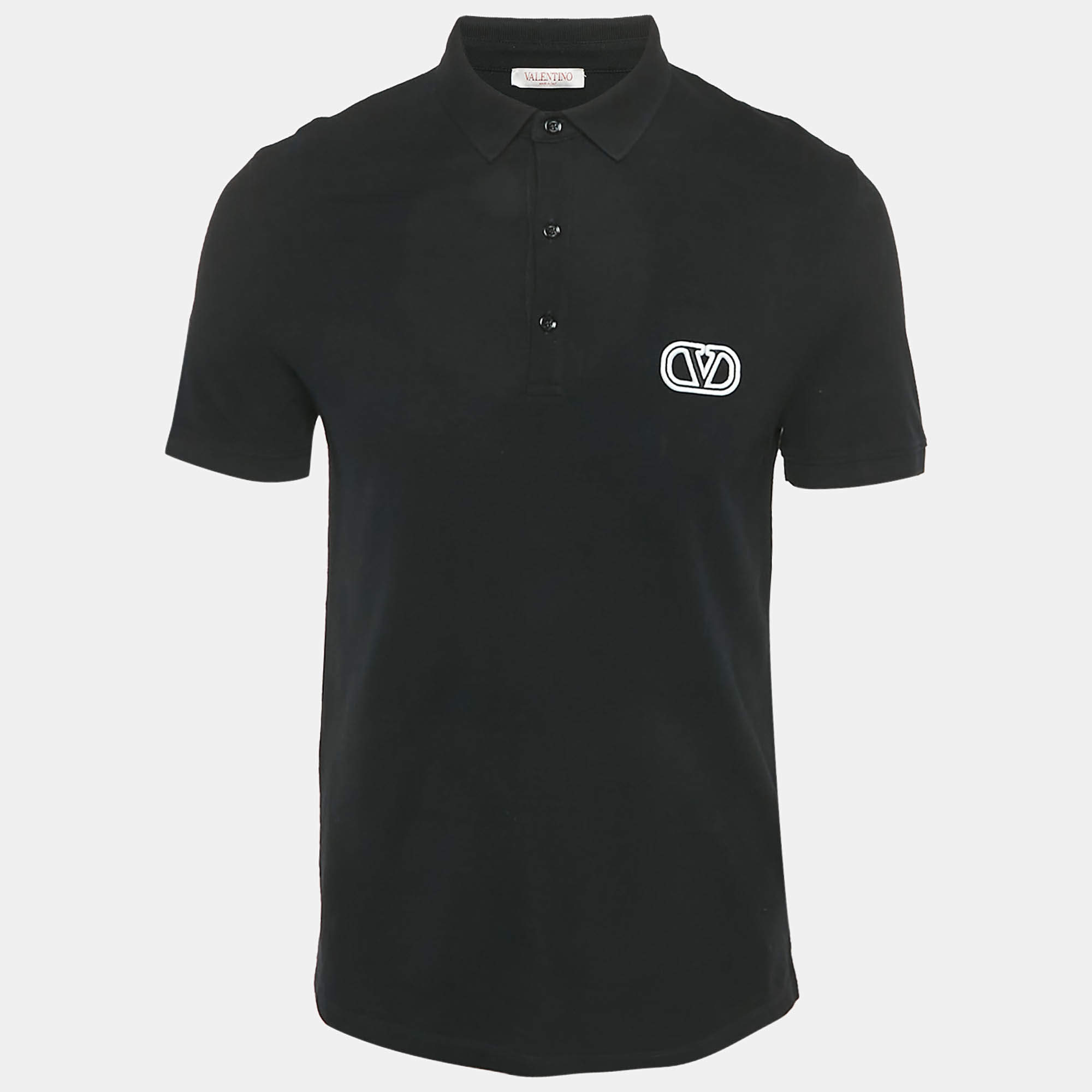 Pre Owned Valentino Black Cotton Logo Embroidered Cotton Polo T-Shirt M