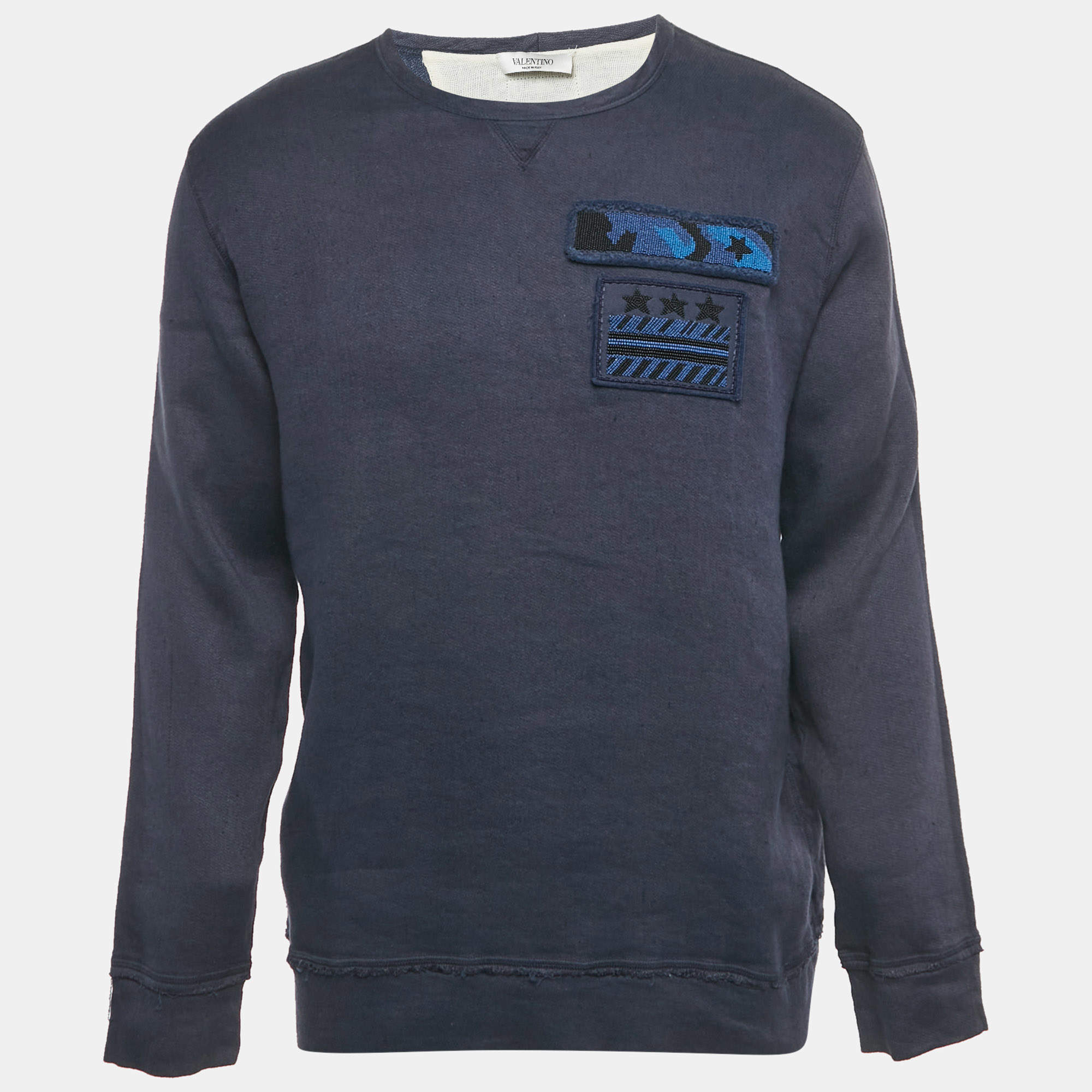 Pre Owned Valentino Blue Beaded Linen Blend Pullover XS