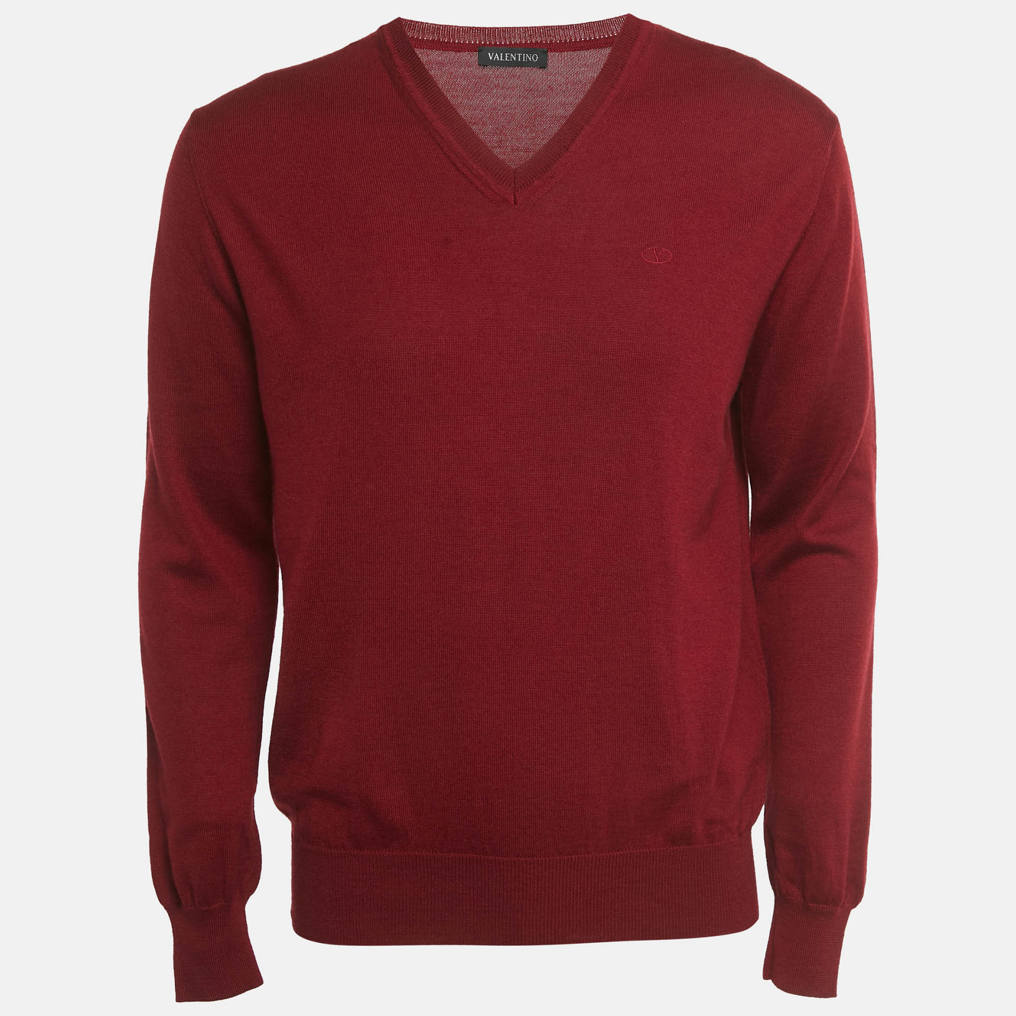 Pre Owned Valentino Burgundy Logo Embroidered Wool Blend V-Neck Jumper L